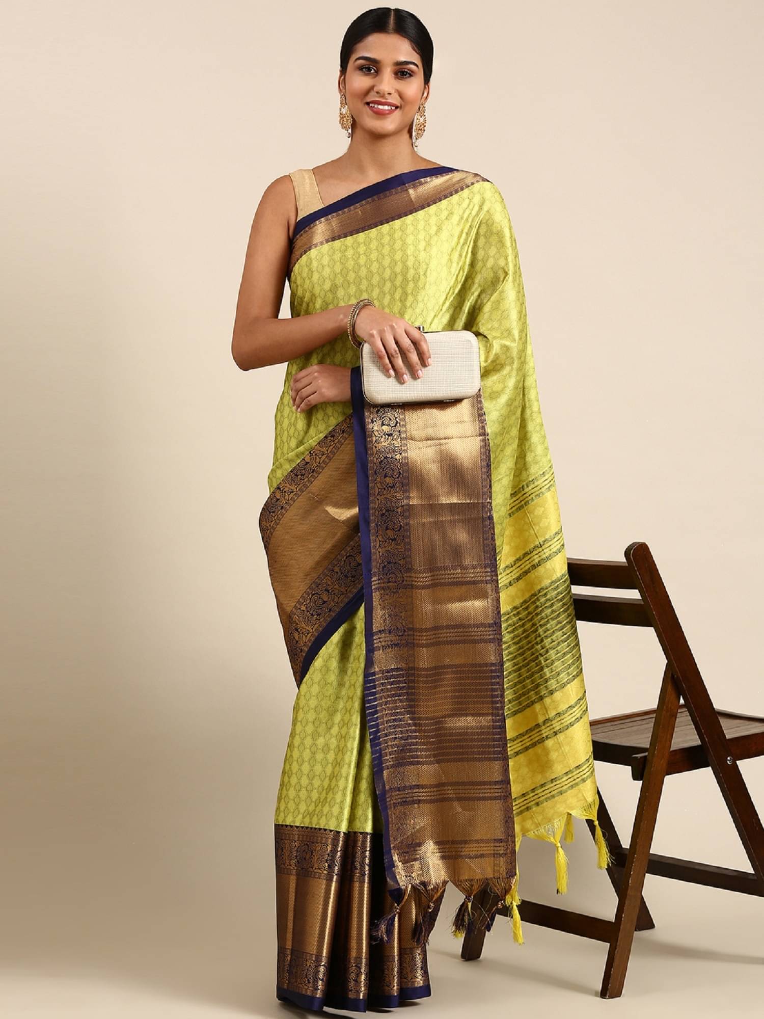     			A TO Z CART Cotton Silk Embellished Saree With Unstitched Blouse Piece ( Yellow )