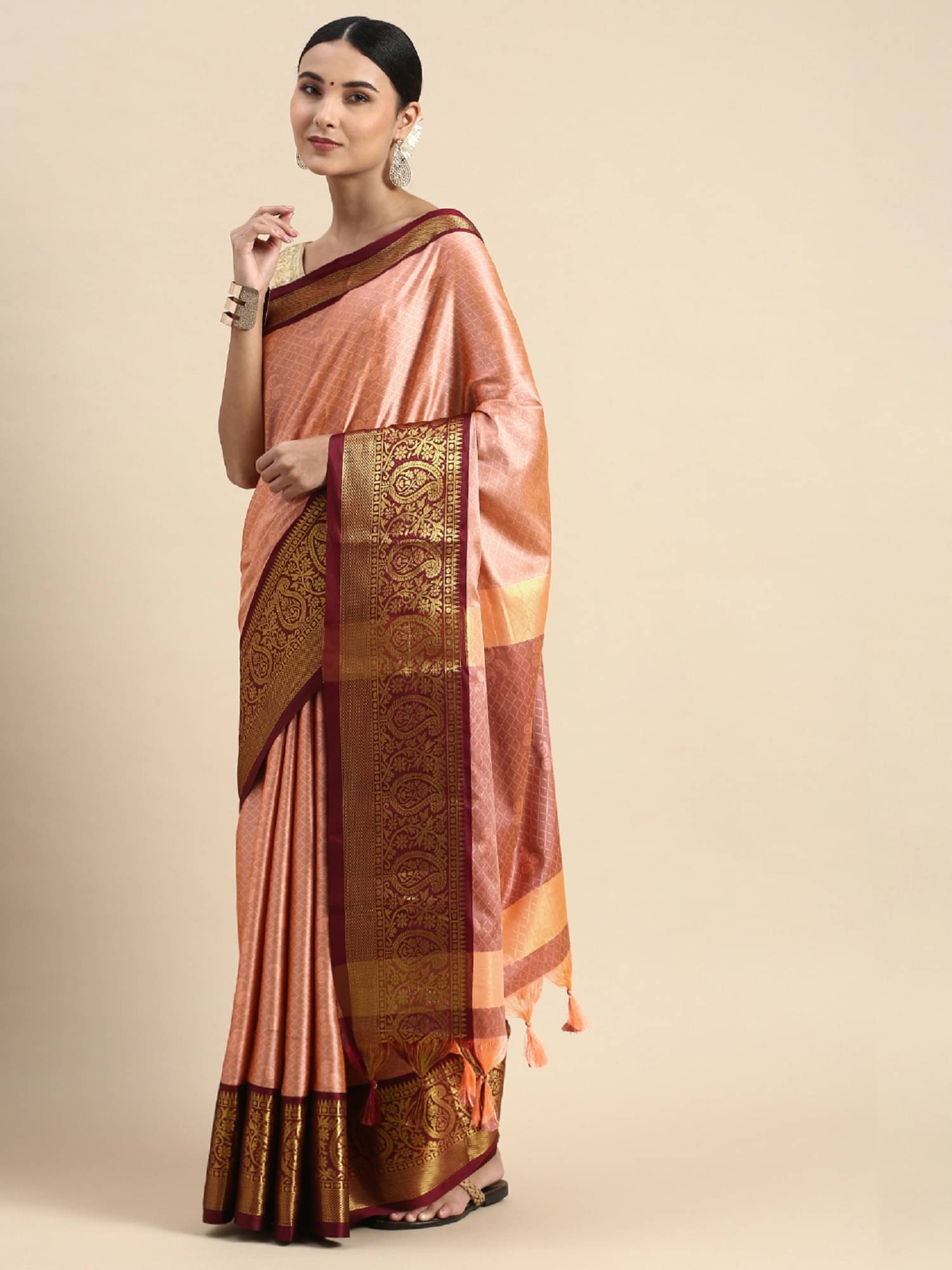 A TO Z CART Jacquard Embellished Saree With Unstitched Blouse Piece ( Peach ) A TO Z CART Jacquard Embellished Saree With Unstitched Blouse Piece ( Peach )
