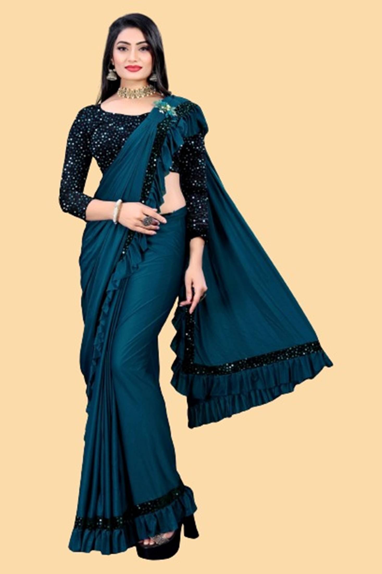 A TO Z CART Lycra Embellished Saree With Unstitched Blouse Piece ( Rama ) A TO Z CART Lycra Embellished Saree With Unstitched Blouse Piece ( Rama )