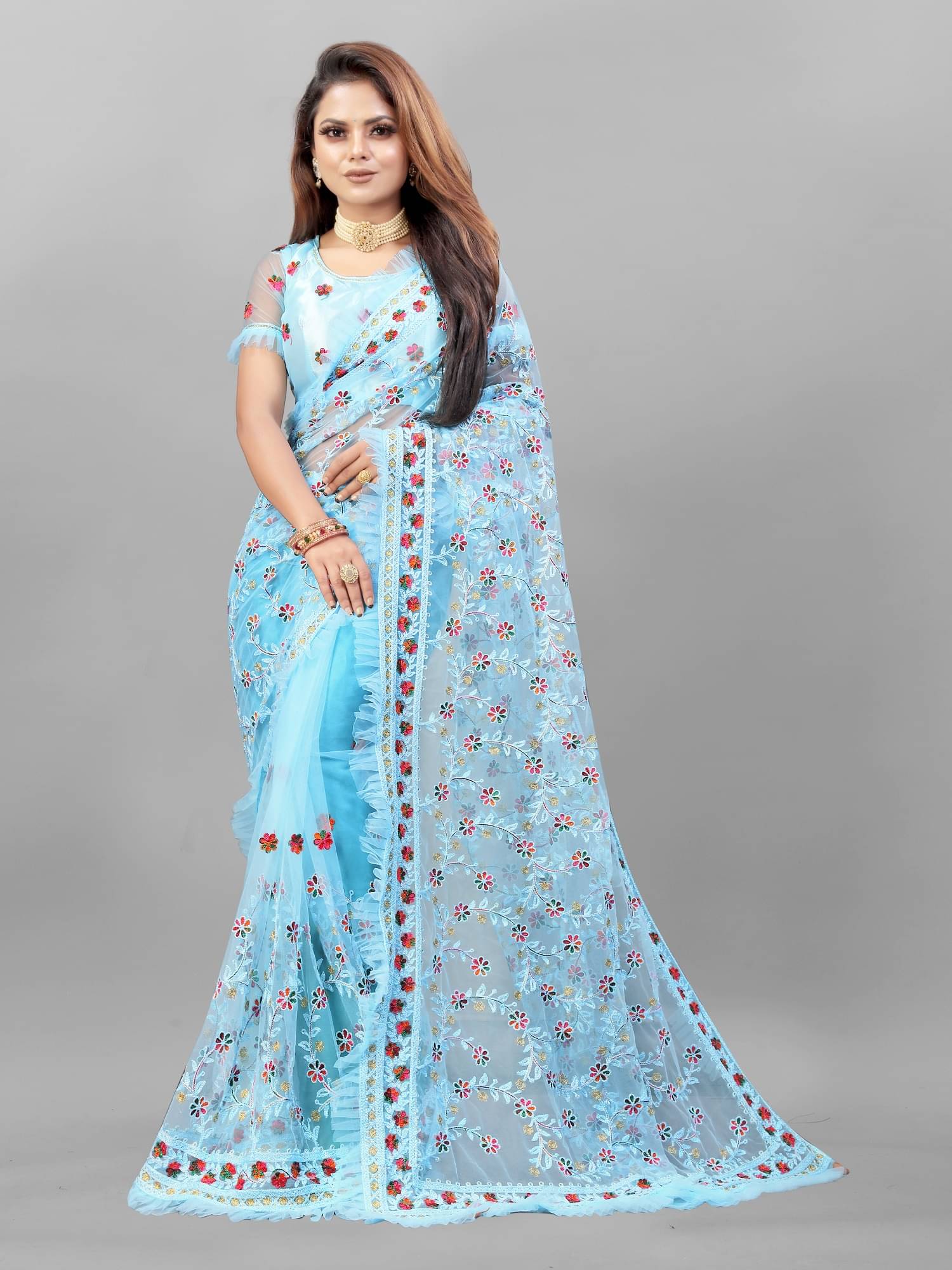 A TO Z CART Net Embellished Saree With Unstitched Blouse Piece ( SkyBlue ) A TO Z CART Net Embellished Saree With Unstitched Blouse Piece ( SkyBlue )
