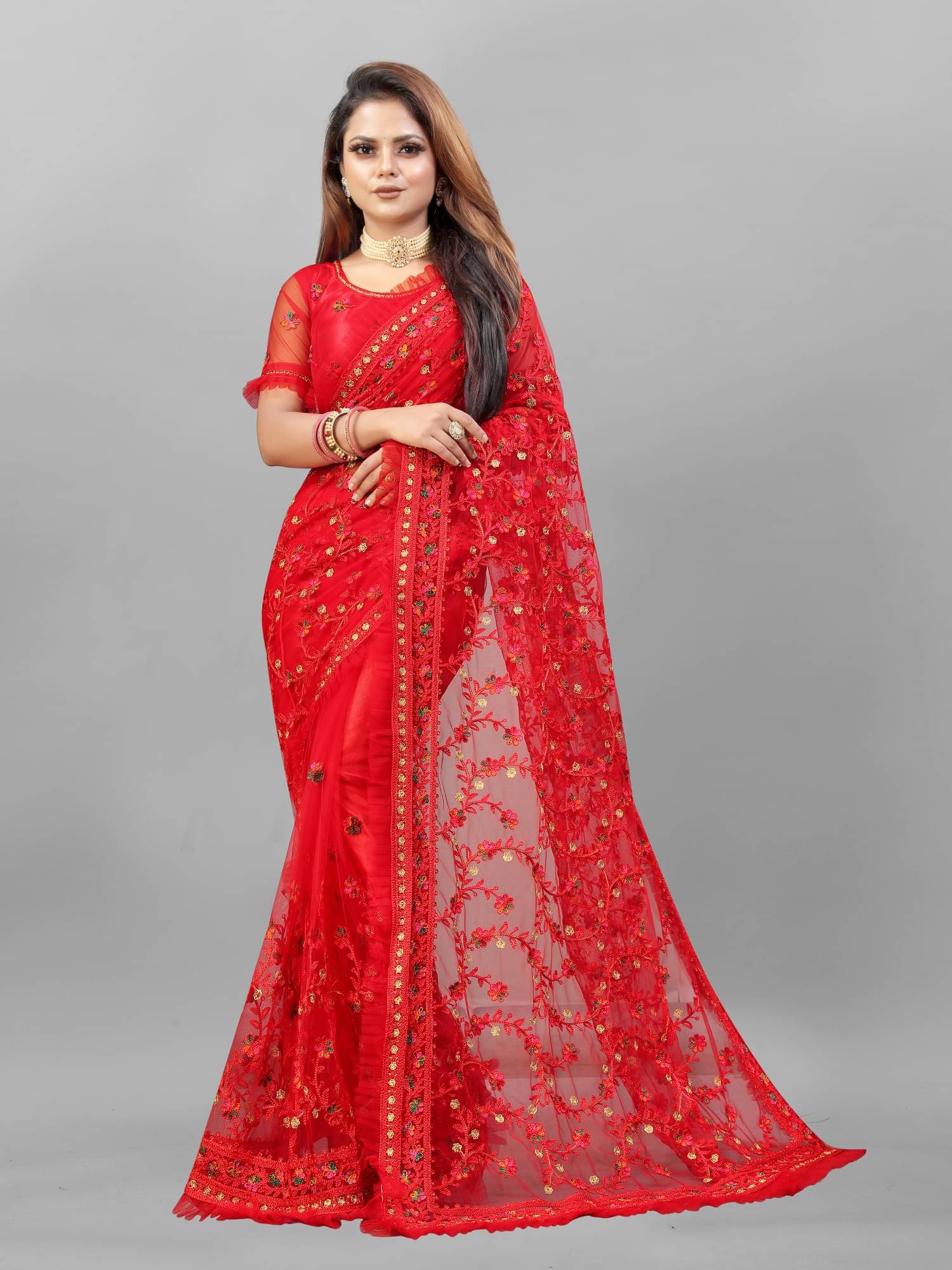 A TO Z CART Net Embellished Saree With Unstitched Blouse Piece ( Red ) A TO Z CART Net Embellished Saree With Unstitched Blouse Piece ( Red )