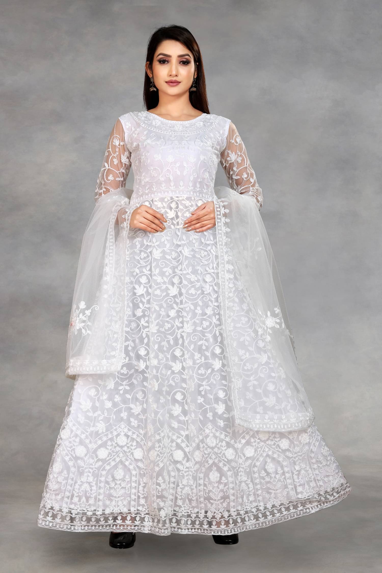 A TO Z CART White Flared Net Women's Semi Stitched Ethnic Gown ( Pack of 1 ) A TO Z CART White Flared Net Women's Semi Stitched Ethnic Gown ( Pack of 1 )