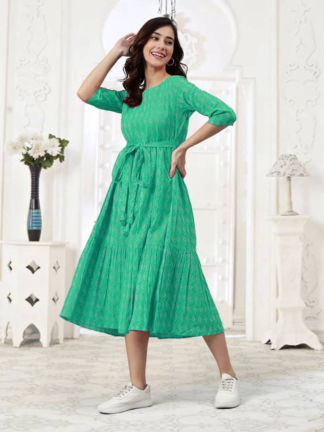     			ASHISH PRINT Cotton Self Design Flared Women's Kurti - Green ( Pack of 1 )