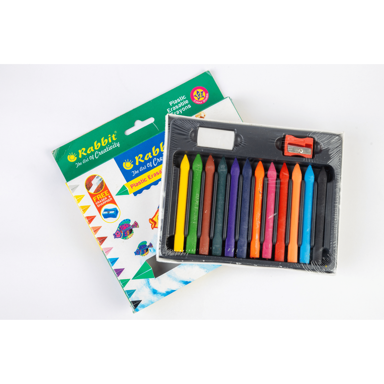     			Artiggle Erasable Plastic Crayon Set of 12 shades, Triangular Grip, Free Eraser&Sharpener, Multi color,