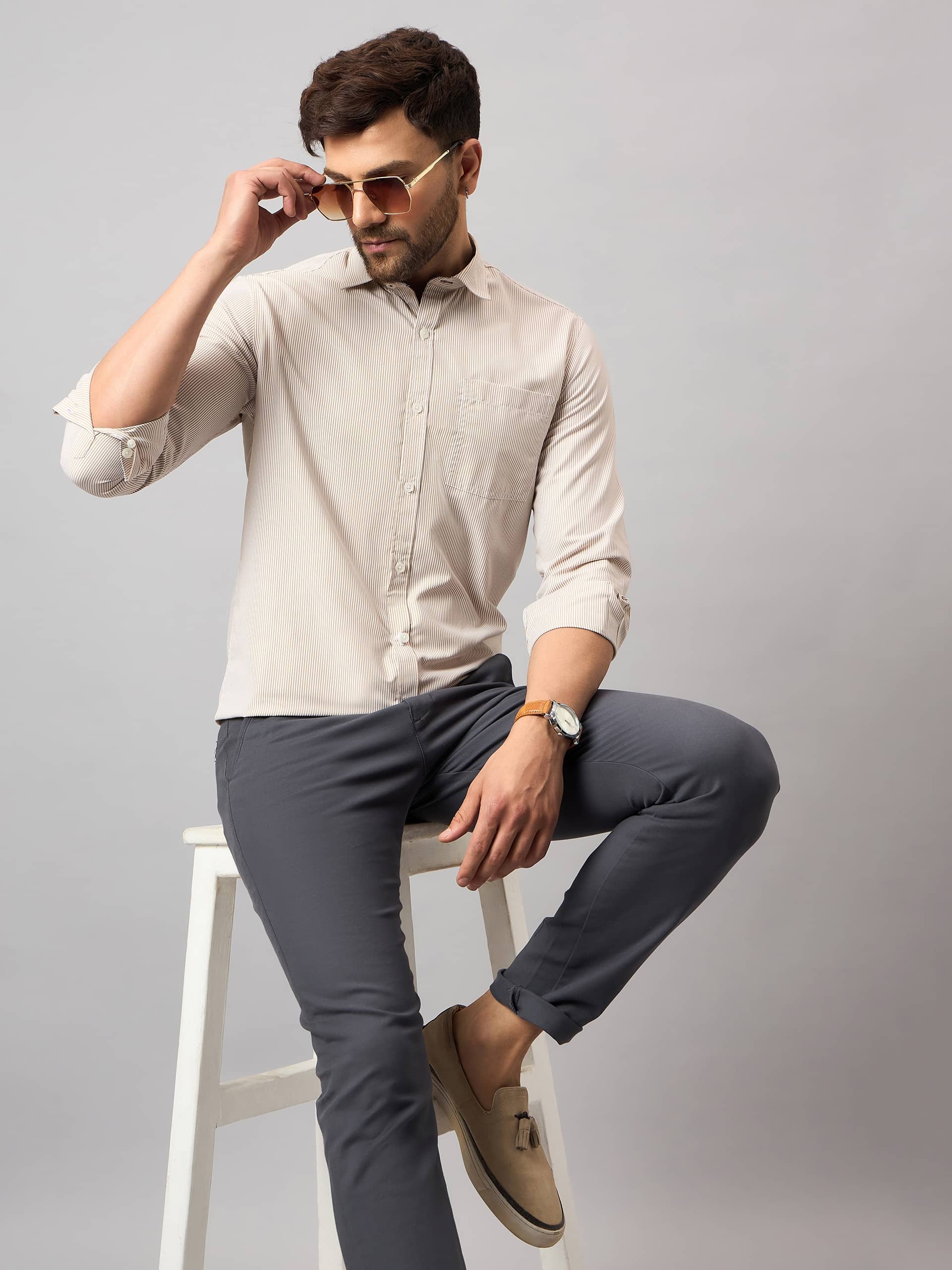 Club York Cotton Blend Regular Fit Striped Full Sleeves Men's Casual Shirt - Beige ( Pack of 1 )