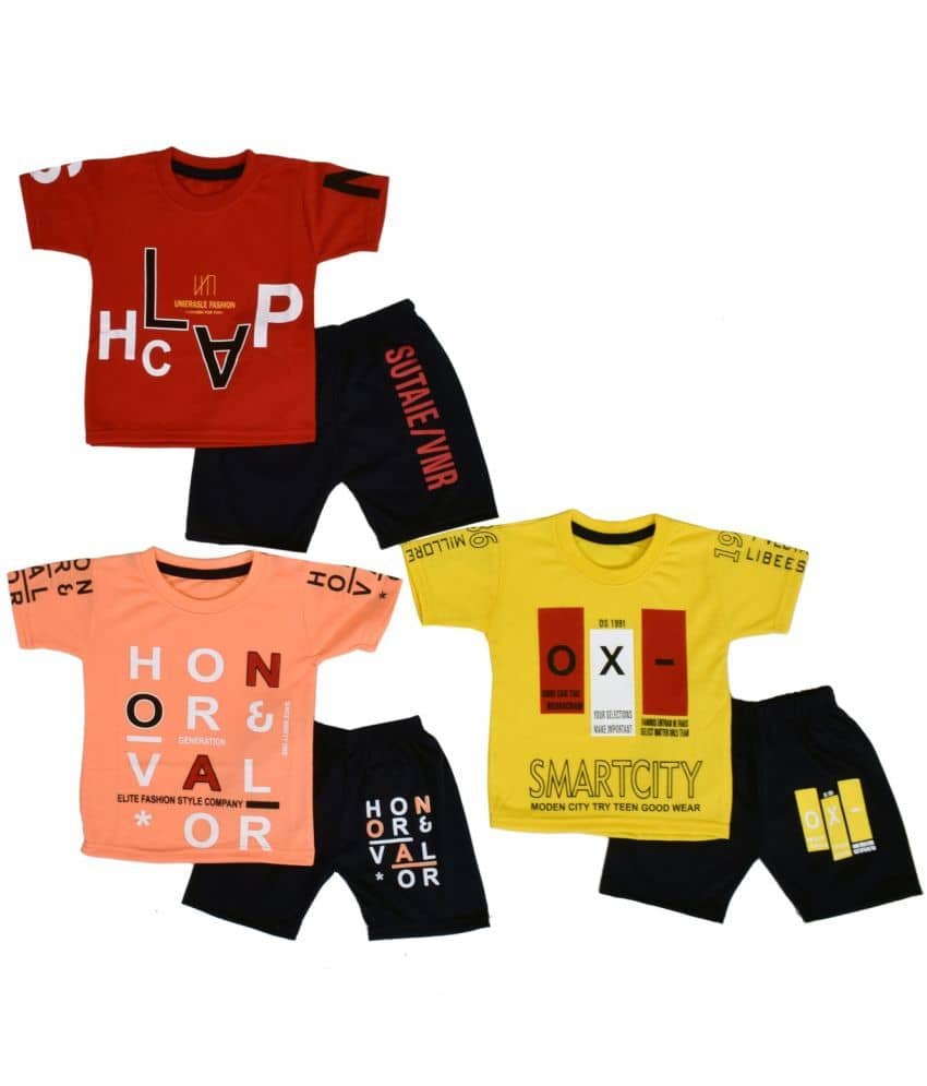 DIAMOND EXPORTER Pack of 3 Baby Boys Cotton Blend T-Shirt & Shorts ( Multicolor )