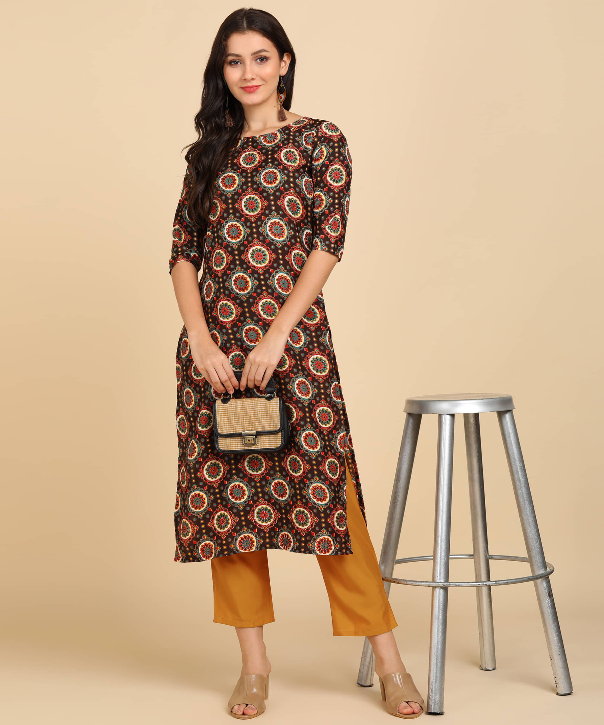     			DSK STUDIO Crepe Printed Kurti With Pants Women's Stitched Salwar Suit - Coffee ( Pack of 1 )