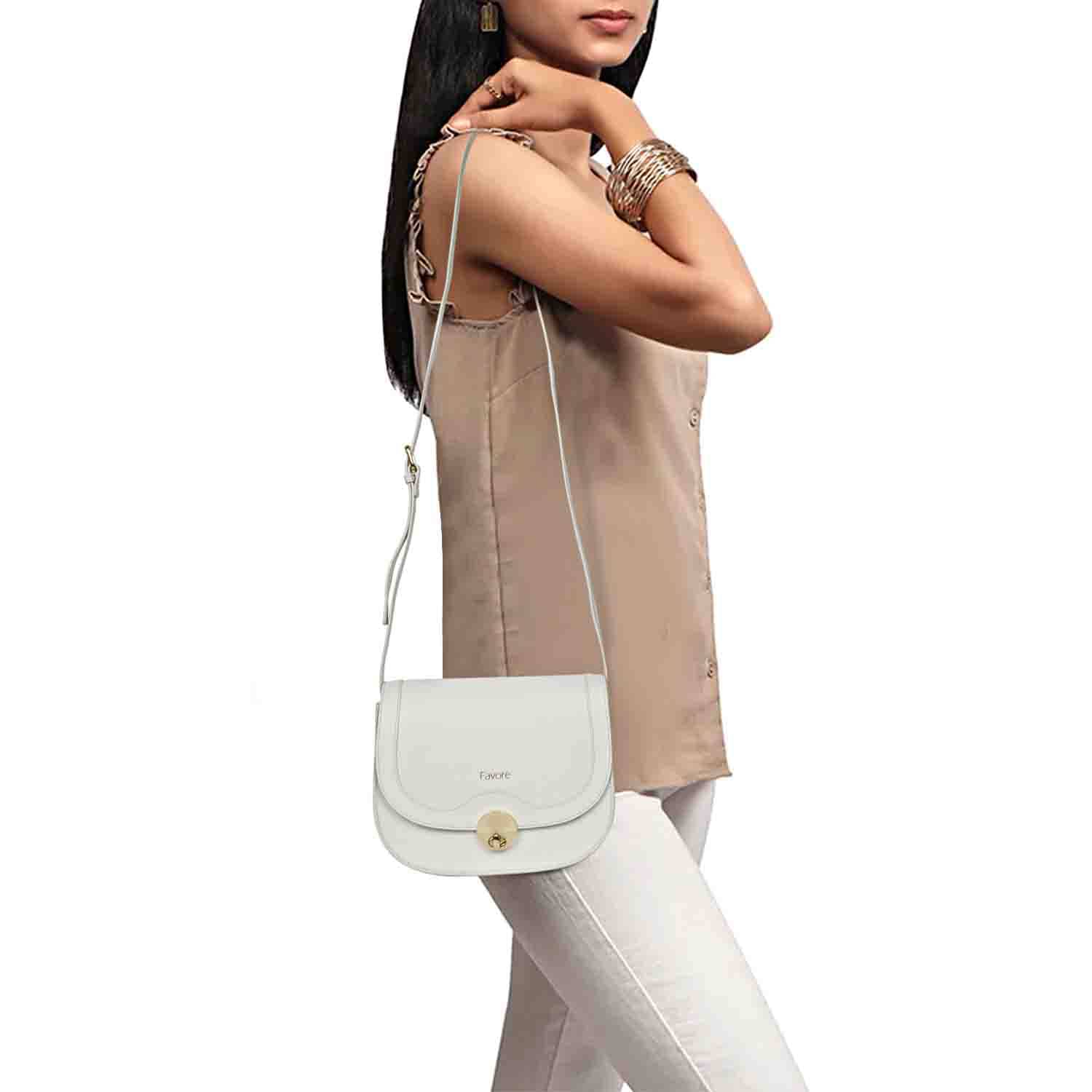     			FAVORE Off White Pure Leather Sling Bag