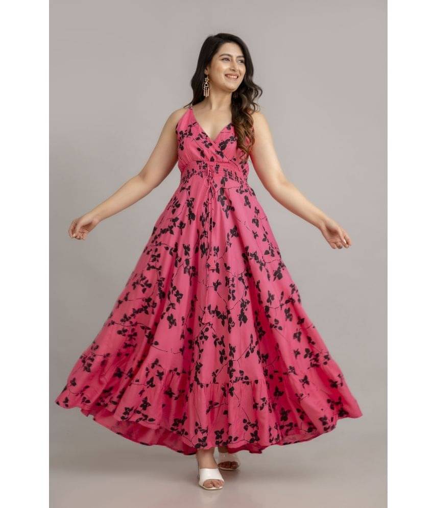     			Frionkandy Women Rayon Printed Fit & Flare Dress ( Pink )
