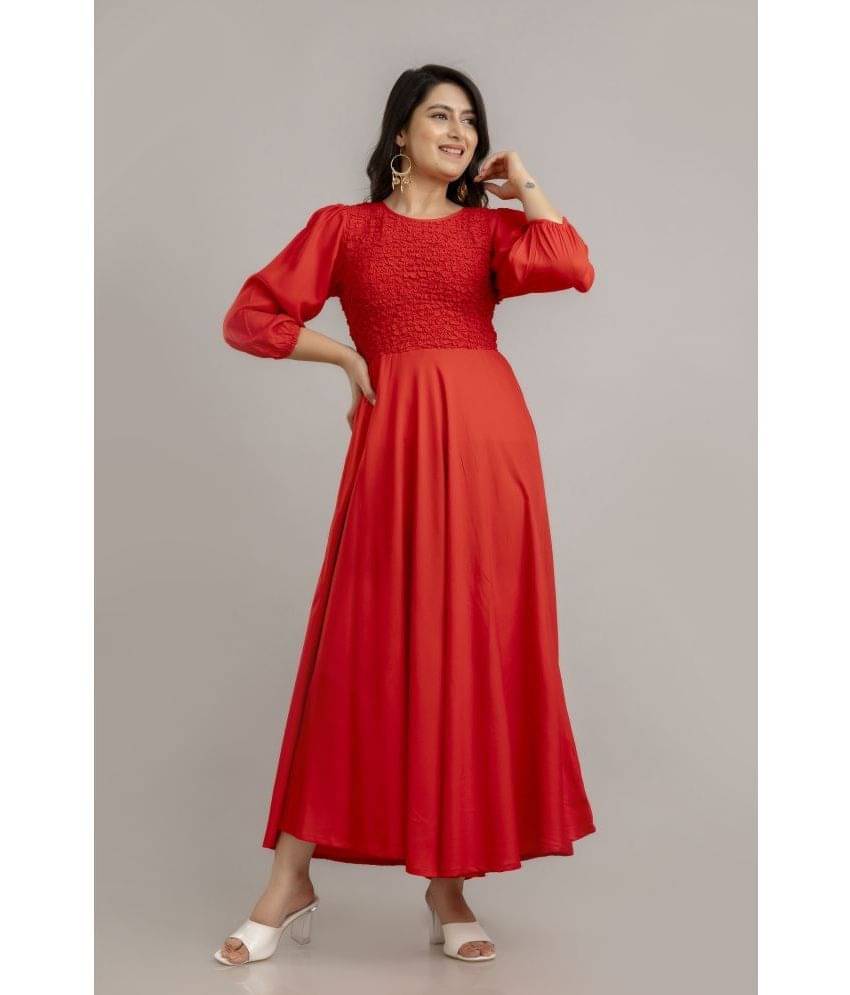 Frionkandy Rayon Self Design Ankle Length Women's Fit & Flare Dress - Red ( Pack of 1 ) Frionkandy Rayon Self Design Ankle Length Women's Fit & Flare Dress - Red ( Pack of 1 )