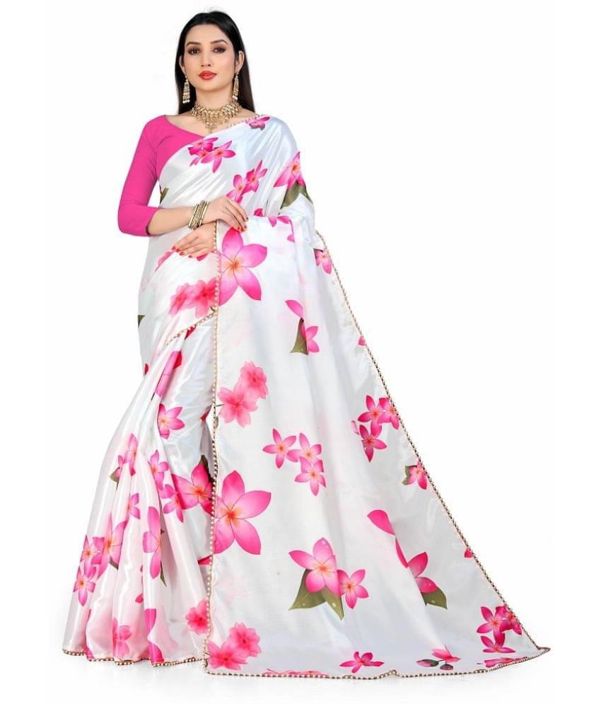     			LEOSAGI Satin Printed Saree With Unstitched Blouse Piece ( White )