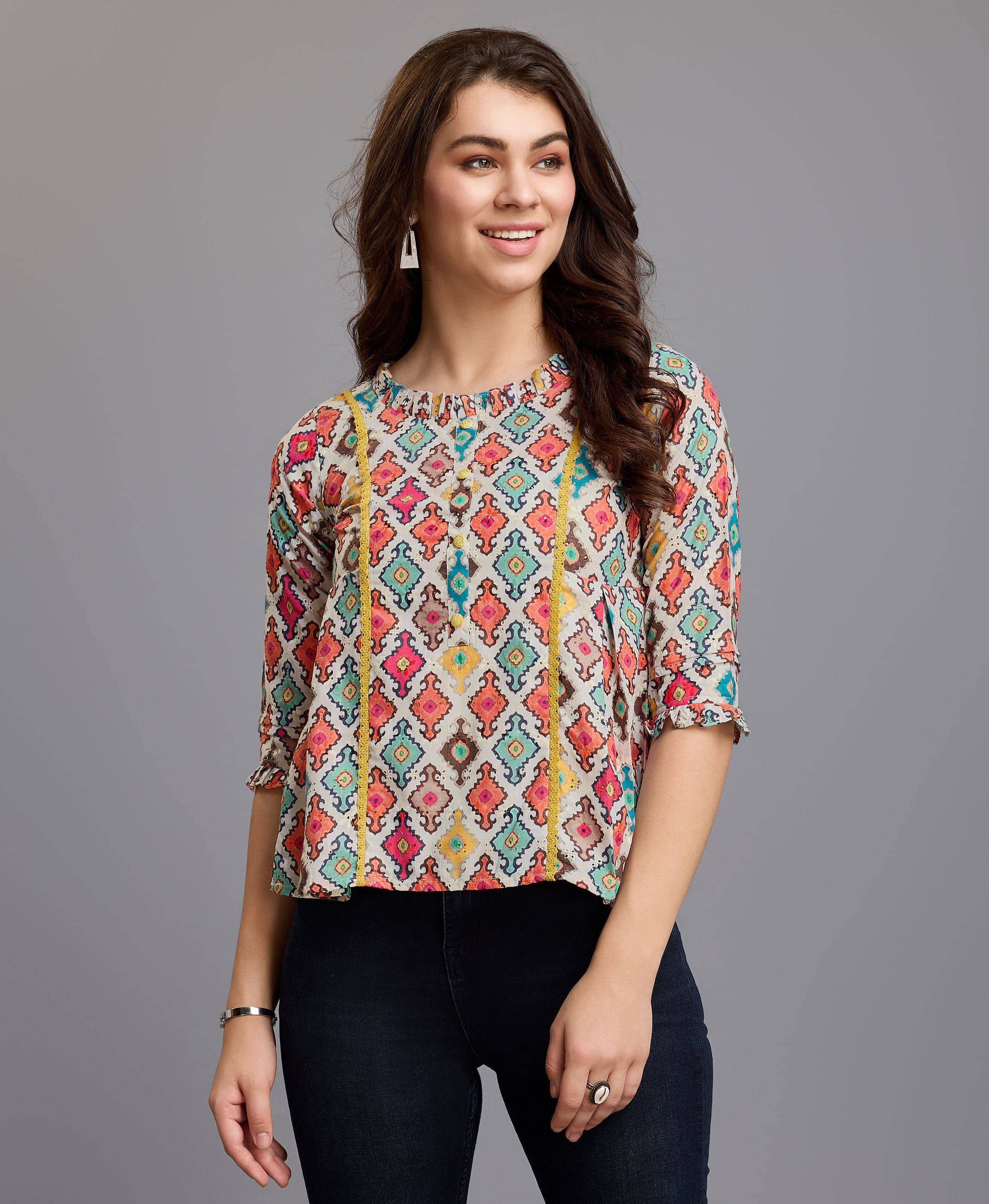 MOJILAA Women's Cotton Blend A-Line Top ( Multicolor ) MOJILAA Women's Cotton Blend A-Line Top ( Multicolor )