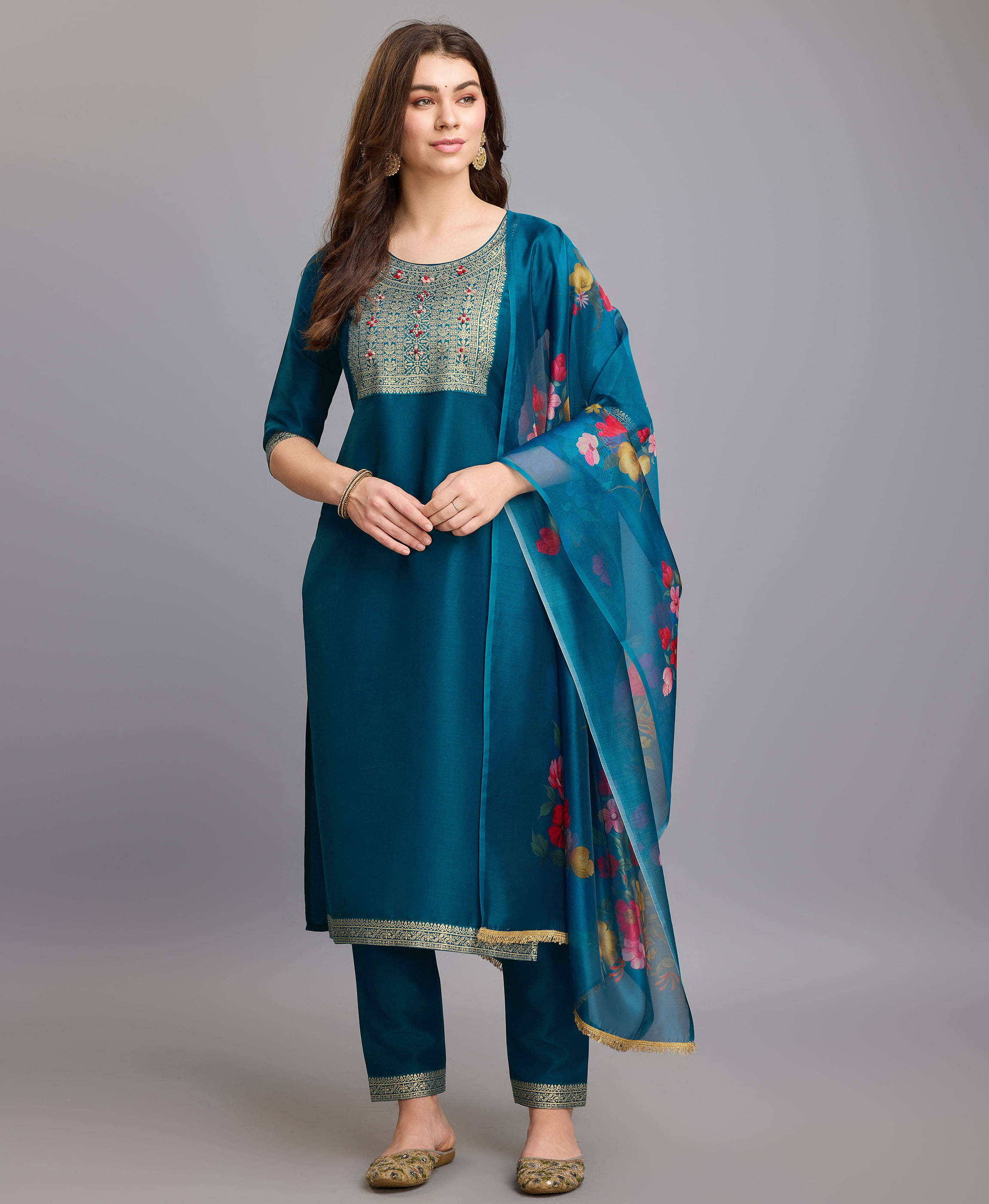     			MOJILAA Silk Embroidered Kurti With Pants Women's Stitched Salwar Suit - Teal ( Pack of 1 )