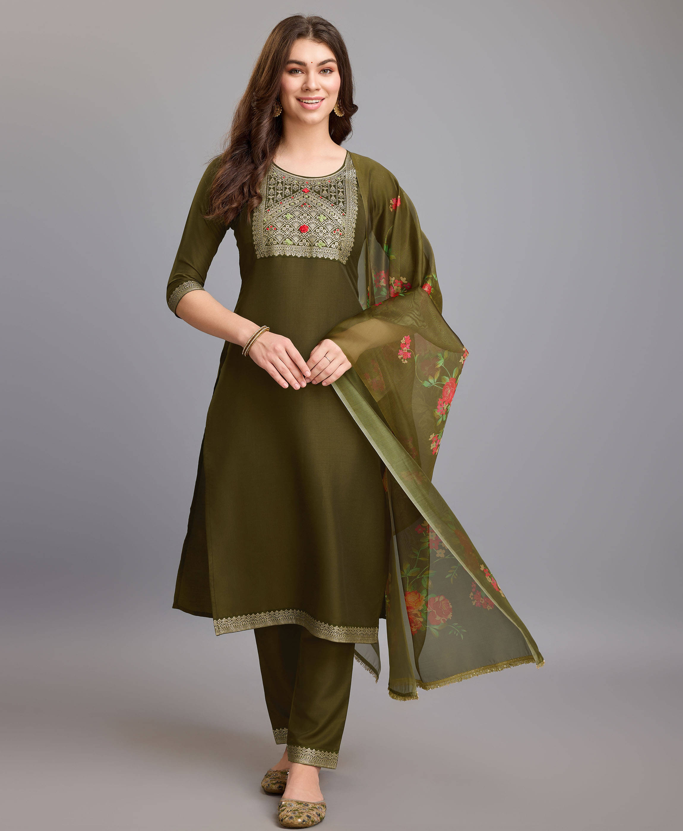 MOJILAA Silk Embroidered Kurti With Pants Women's Stitched Salwar Suit - Green ( Pack of 1 )     			MOJILAA Silk Embroidered Kurti With Pants Women's Stitched Salwar Suit - Green ( Pack of 1 )