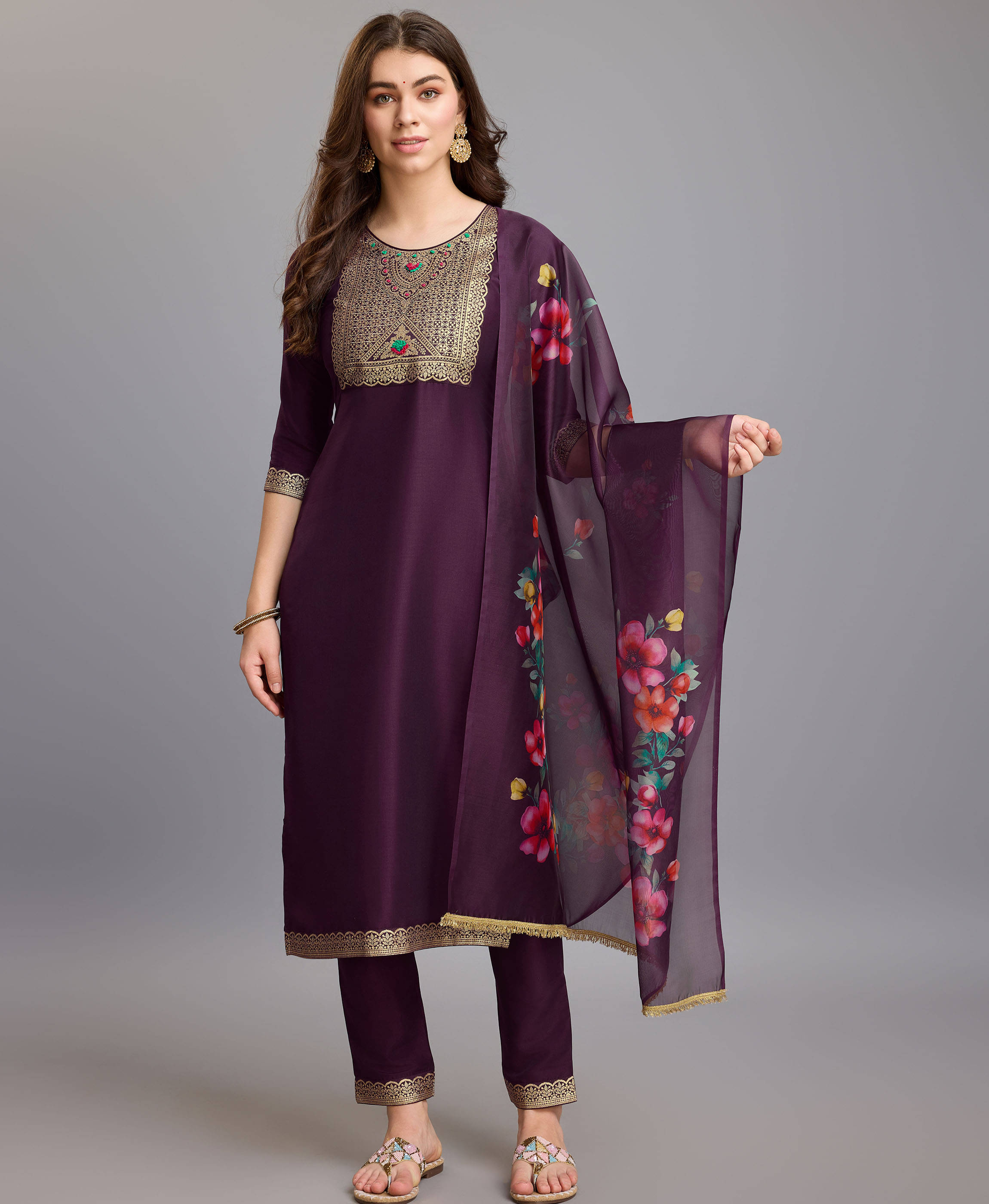 MOJILAA Silk Embroidered Kurti With Pants Women's Stitched Salwar Suit - Burgundy ( Pack of 1 ) MOJILAA Silk Embroidered Kurti With Pants Women's Stitched Salwar Suit - Burgundy ( Pack of 1 )