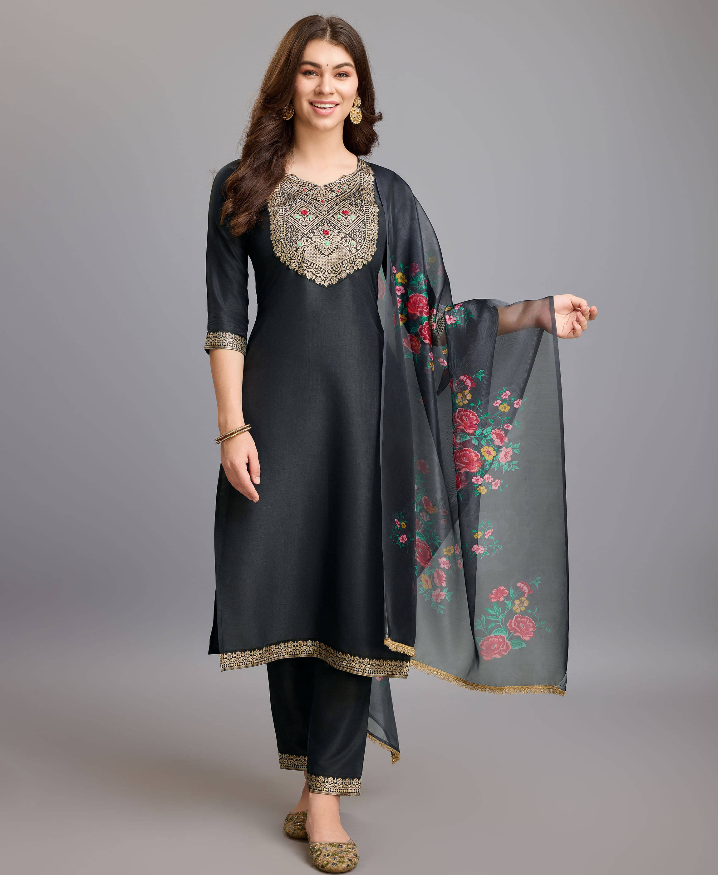 MOJILAA Silk Embroidered Kurti With Pants Women's Stitched Salwar Suit - Grey Melange ( Pack of 1 )     			MOJILAA Silk Embroidered Kurti With Pants Women's Stitched Salwar Suit - Grey Melange ( Pack of 1 )