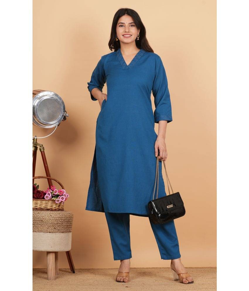     			Vbuyz Cotton Blend Solid Kurti With Pants Women's Stitched Salwar Suit - Blue ( Pack of 1 )