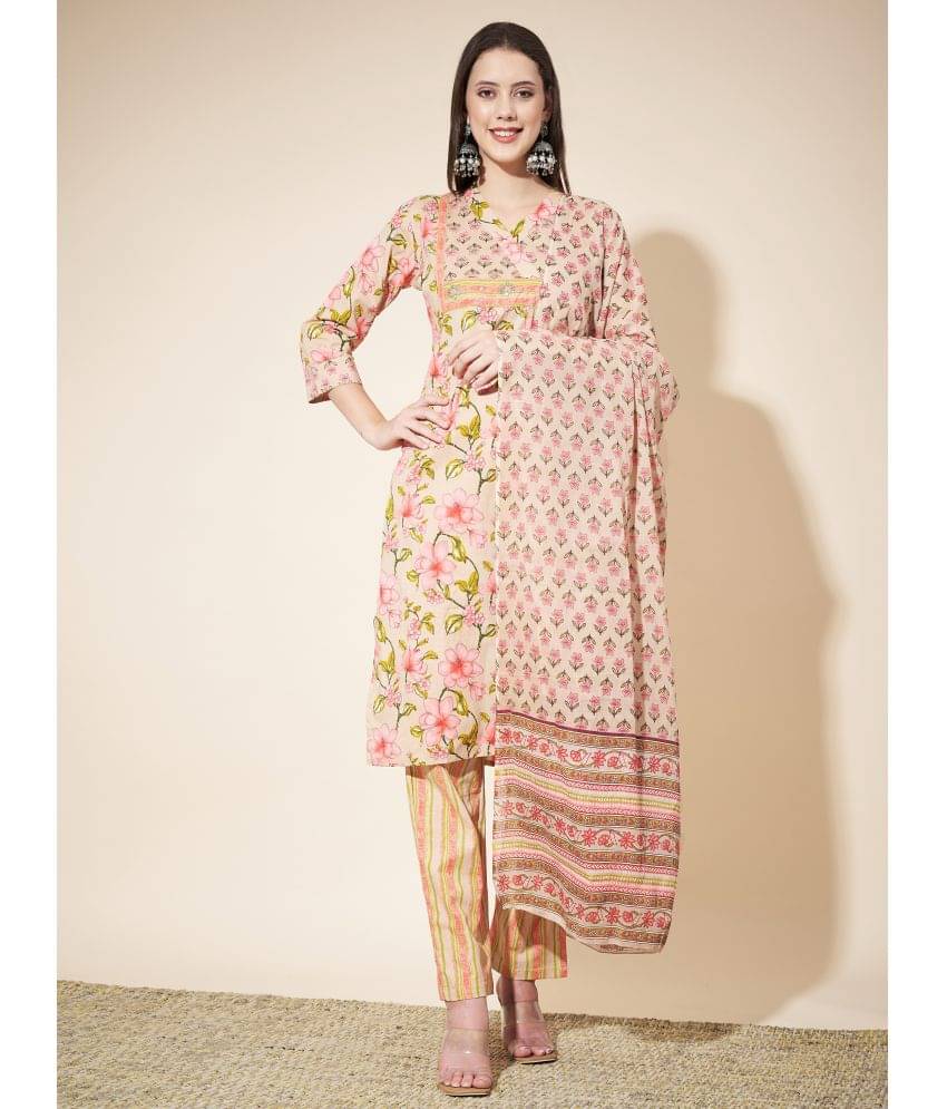 Vbuyz Cotton Printed Kurti With Pants Women's Stitched Salwar Suit - Beige ( Pack of 1 )     			Vbuyz Cotton Printed Kurti With Pants Women's Stitched Salwar Suit - Beige ( Pack of 1 )