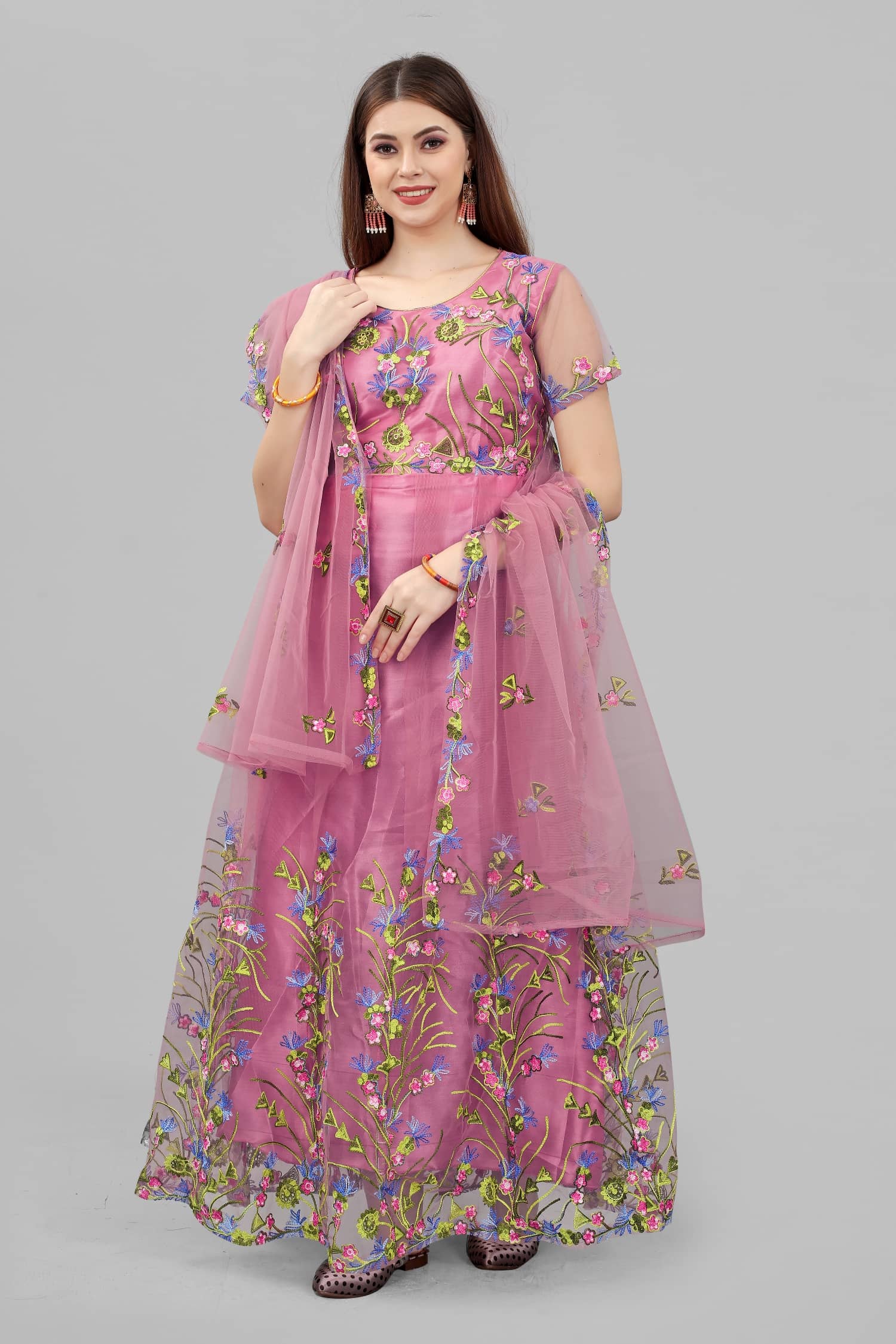 A TO Z CART Peach Flared Net Women's Semi Stitched Ethnic Gown ( Pack of 1 ) - Unstitched Fabrics | Buy online on ZillyBuy