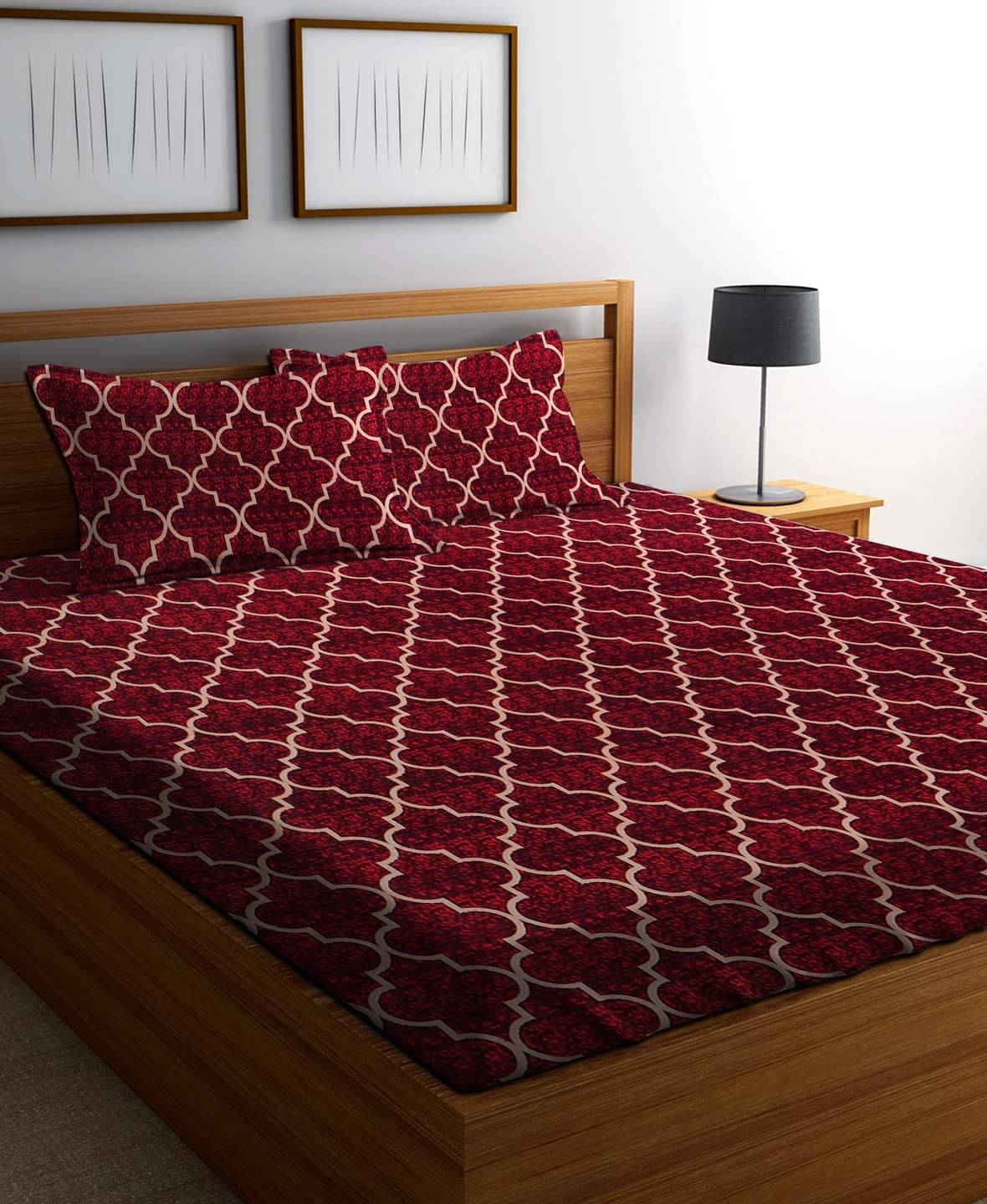     			Aazeem Polyester Geometric Fitted Fitted bedsheet with 2 Pillow Covers ( Double Bed ) - Maroon