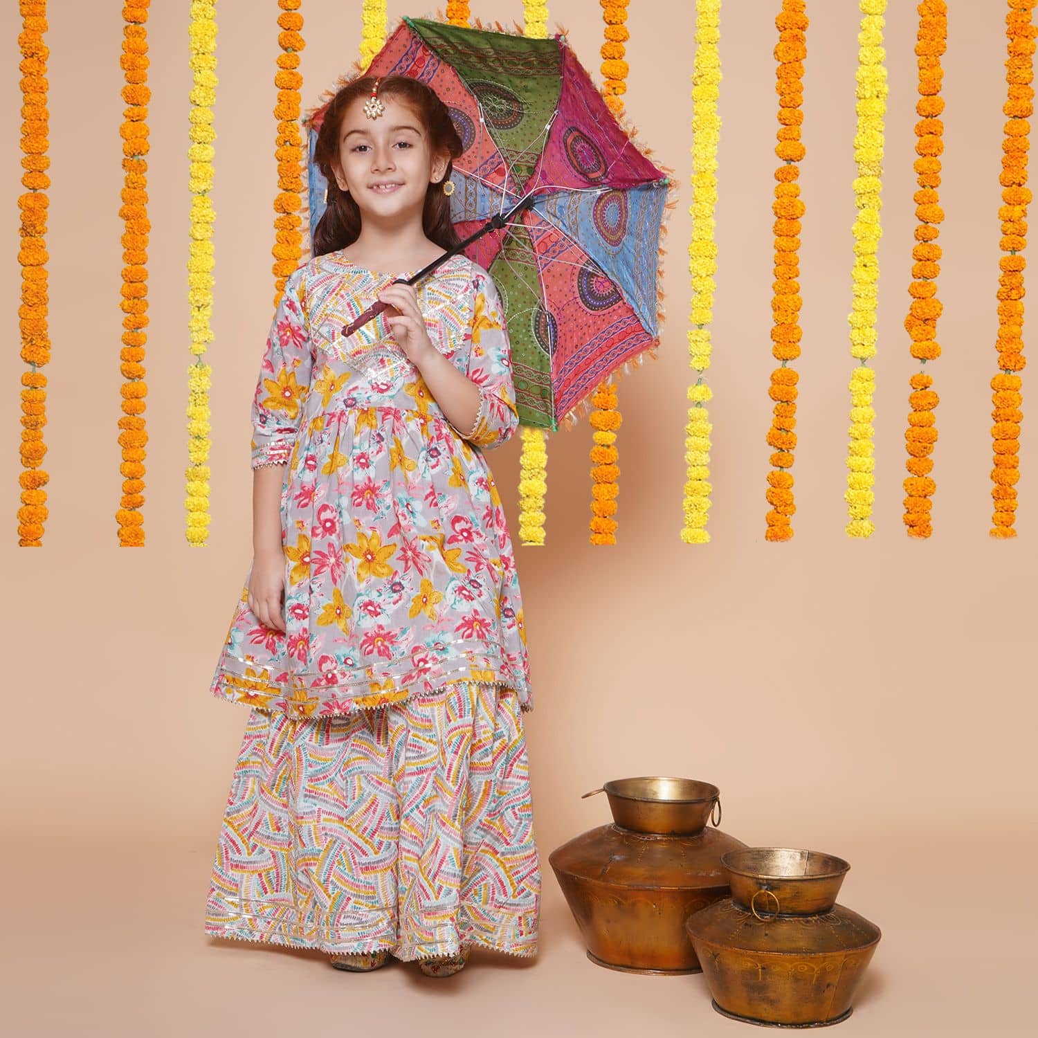 Arshia Fashions Girls Cotton Blend Kurta and Sharara Set ( Pack of 1 , Multicolor )
