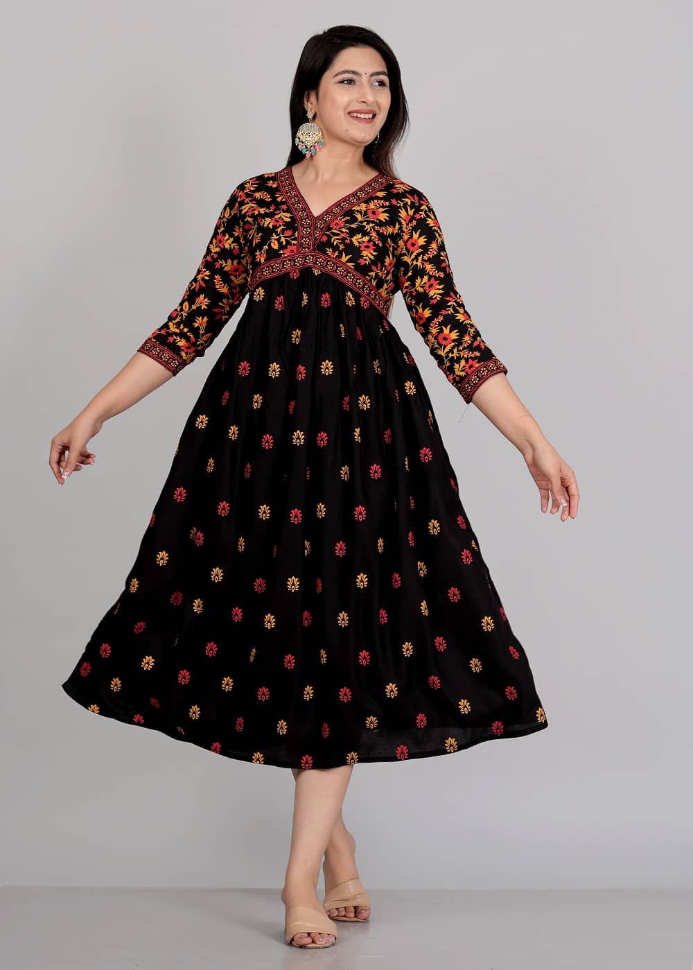 Gobya Rayon Printed Anarkali Women's Kurti - Black ( Pack of 1 ) - Kurtis, Tunics | Buy online on ZillyBuy