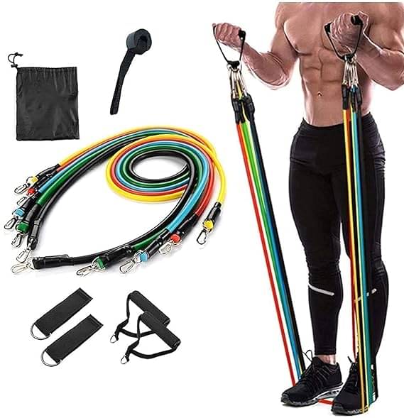     			Resistance Bands 11 pcs Set, Stretching and Exercise, Toning Tube kit with Door Anchor, Foam Handles, Leg Ankle Strap and Carry Bag and Box Packaging for Men & Women Workout at Home & Gym, Pack of 1