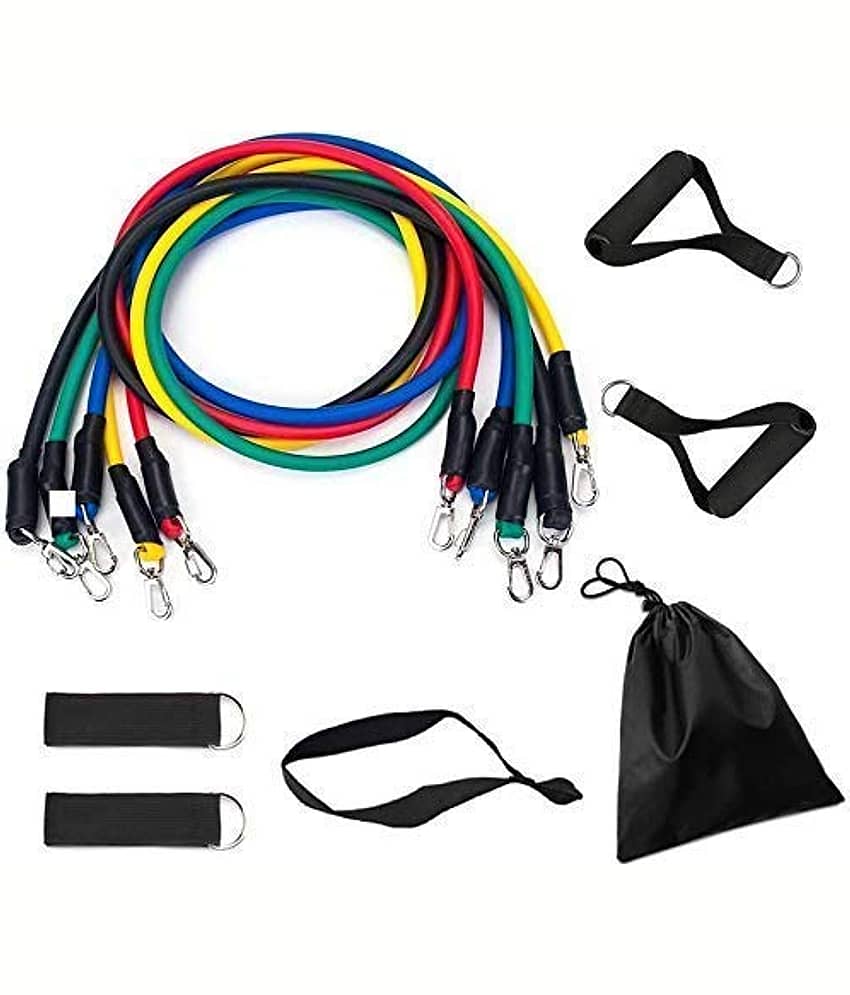 Resistance Bands 11 pcs Set, Stretching and Exercise, Toning Tube kit with Door Anchor, Foam Handles, Leg Ankle Strap and Carry Bag and Box Packaging for Men and Women Workout, Pack of 1 - Sports and Fitness Equipment | Buy online on ZillyBuy