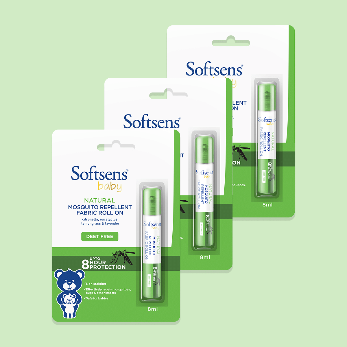 Softsens baby Natural Mosquito Repellent Fabric Roll-On - 8ml - Pack of 3 Softsens baby Natural Mosquito Repellent Fabric Roll-On - 8ml - Pack of 3