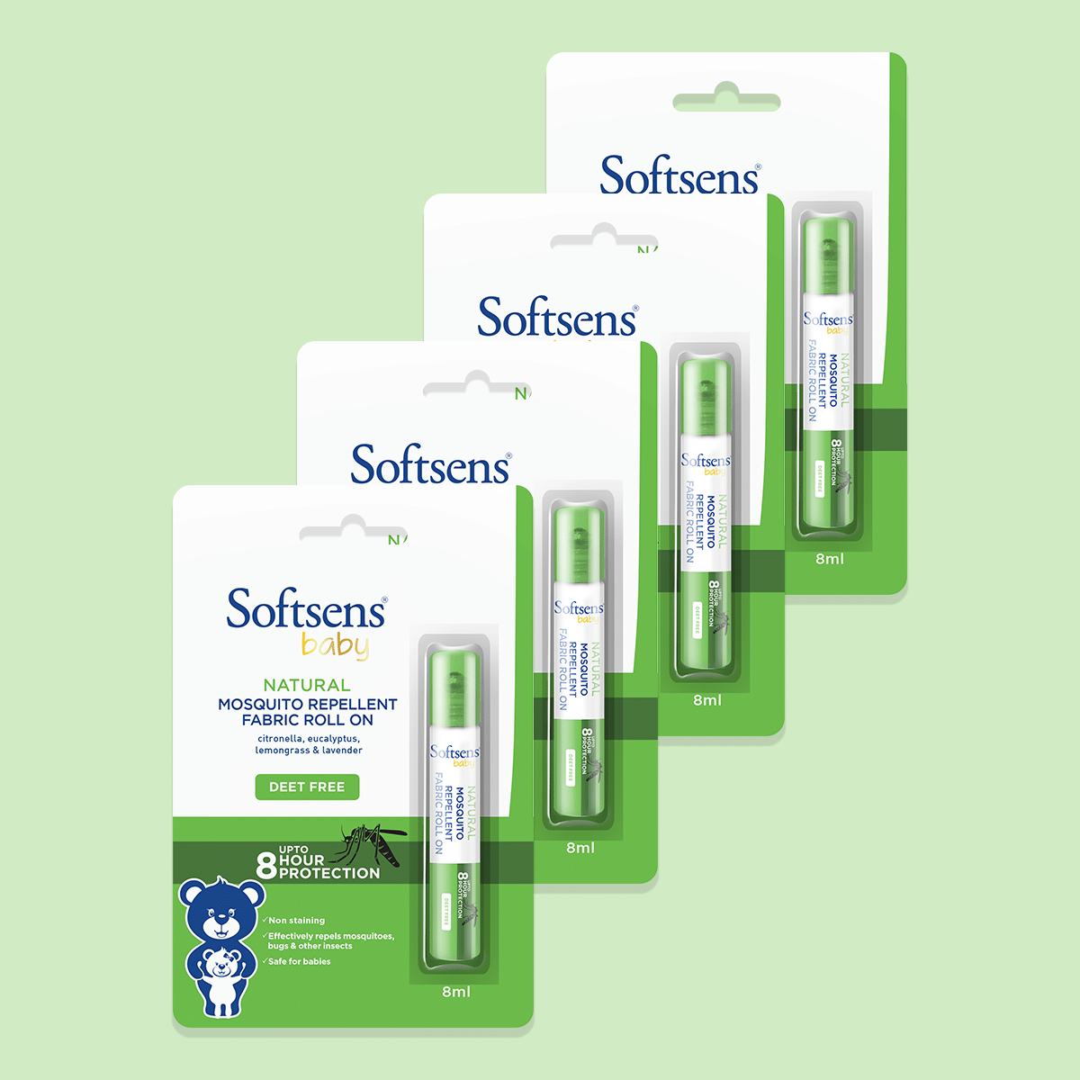 Softsens baby Natural Mosquito Repellent Fabric Roll-On - 8ml - Pack of 4 Softsens baby Natural Mosquito Repellent Fabric Roll-On - 8ml - Pack of 4