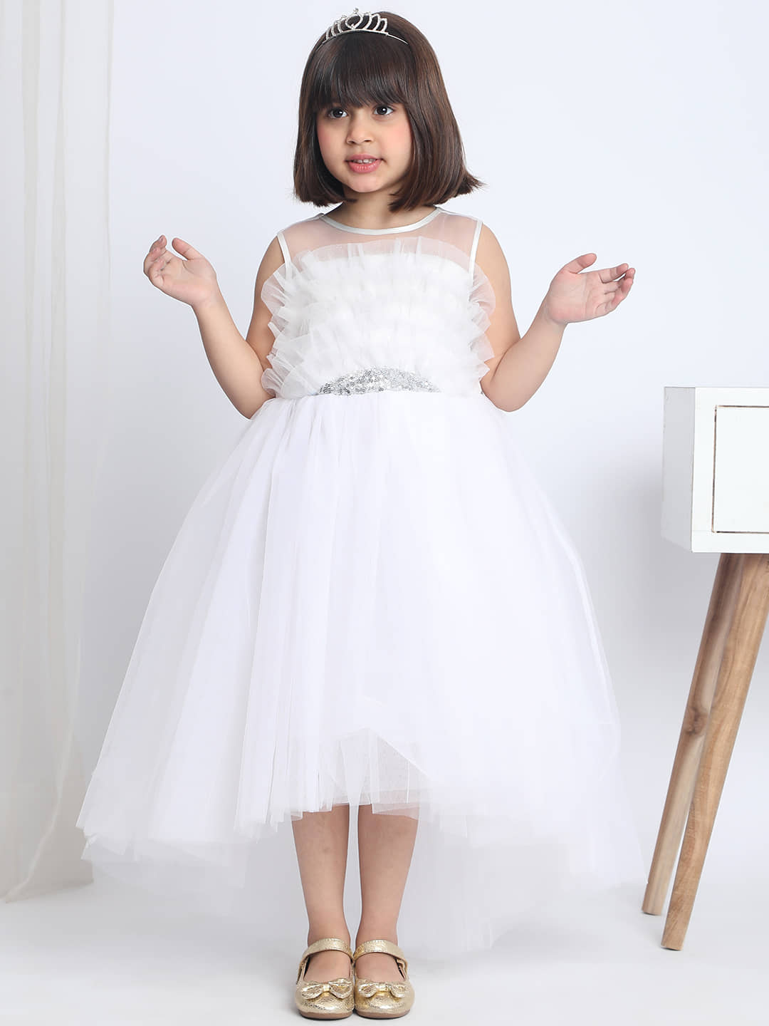 Toy Balloon Kids Net Frock For Girls ( Pack of 1 , White )