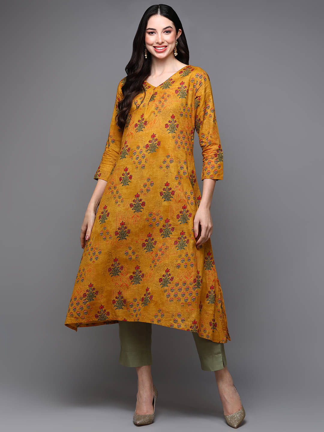     			Vaamsi Cotton Blend Printed A-line Women's Kurti - Mustard ( Pack of 1 )