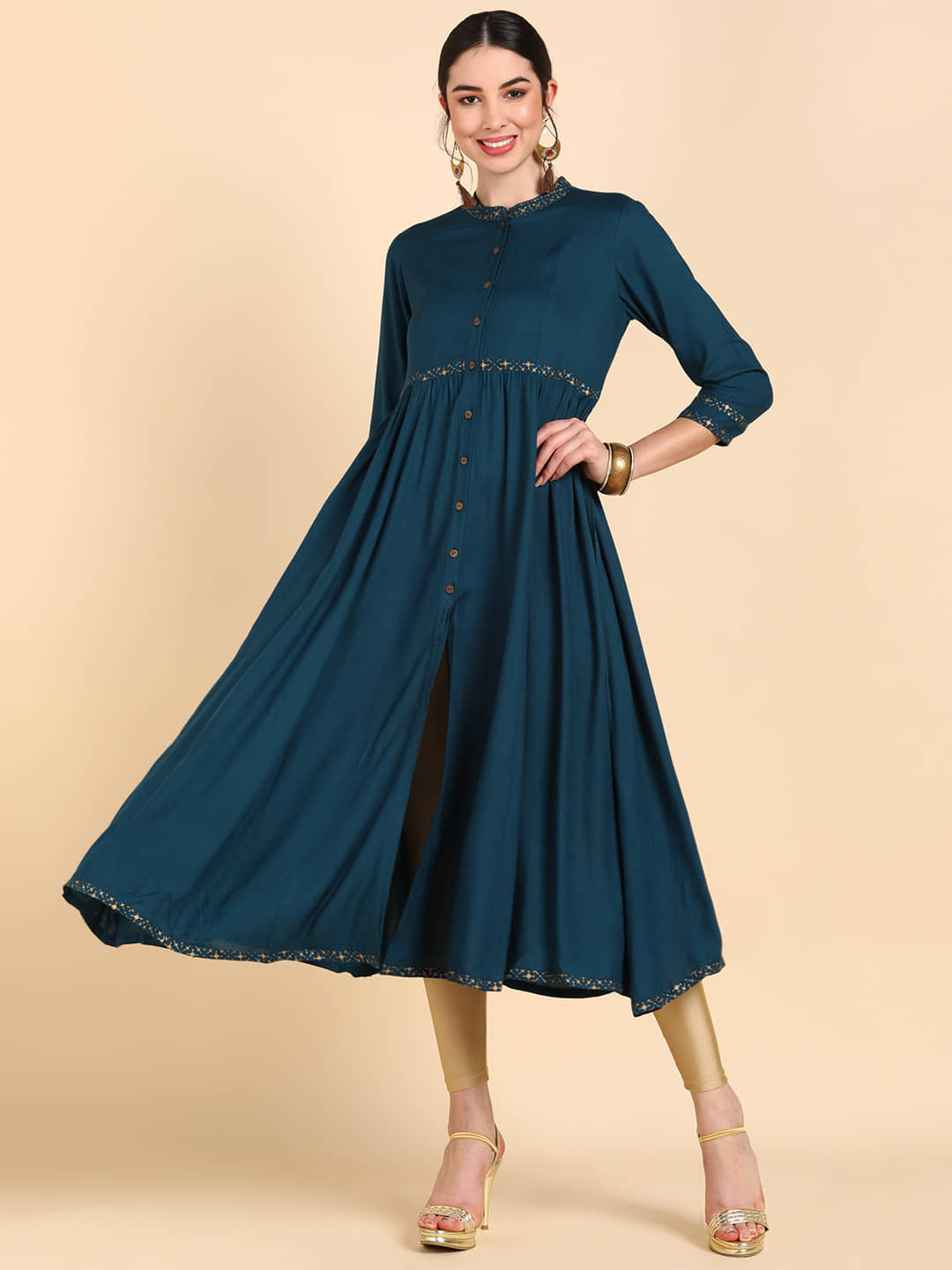 Vaamsi Cotton Blend Solid Tiered Flared Women's Kurti - Teal ( Pack of 1 ) - Kurtis, Tunics | Buy online on ZillyBuy