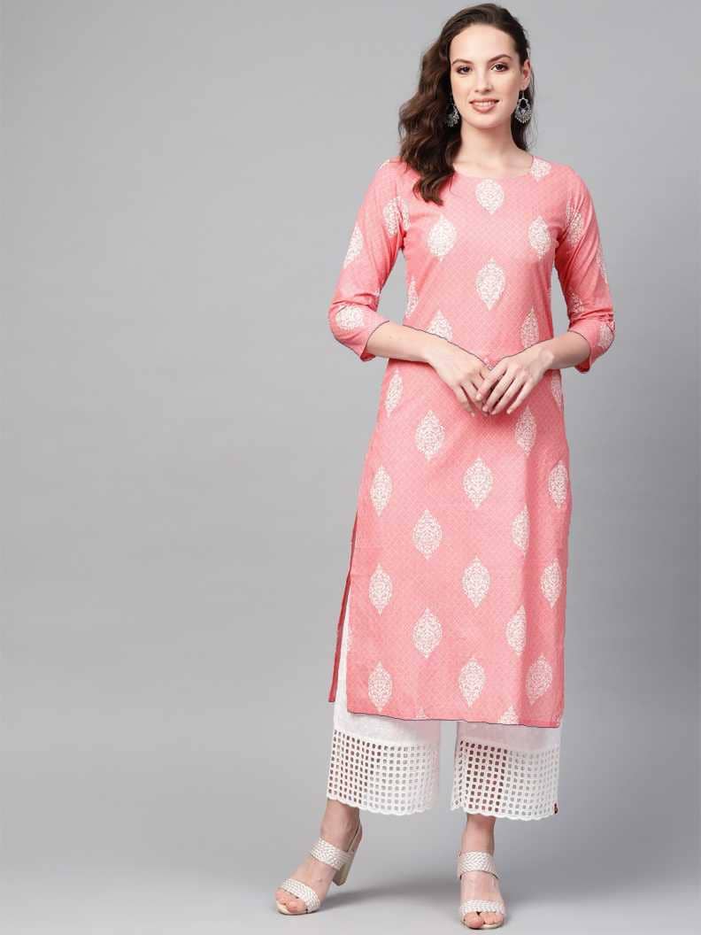 Vaamsi Cotton Printed Straight Women's Kurti - Pink ( Pack of 1 ) - Kurtis, Tunics | Buy online on ZillyBuy