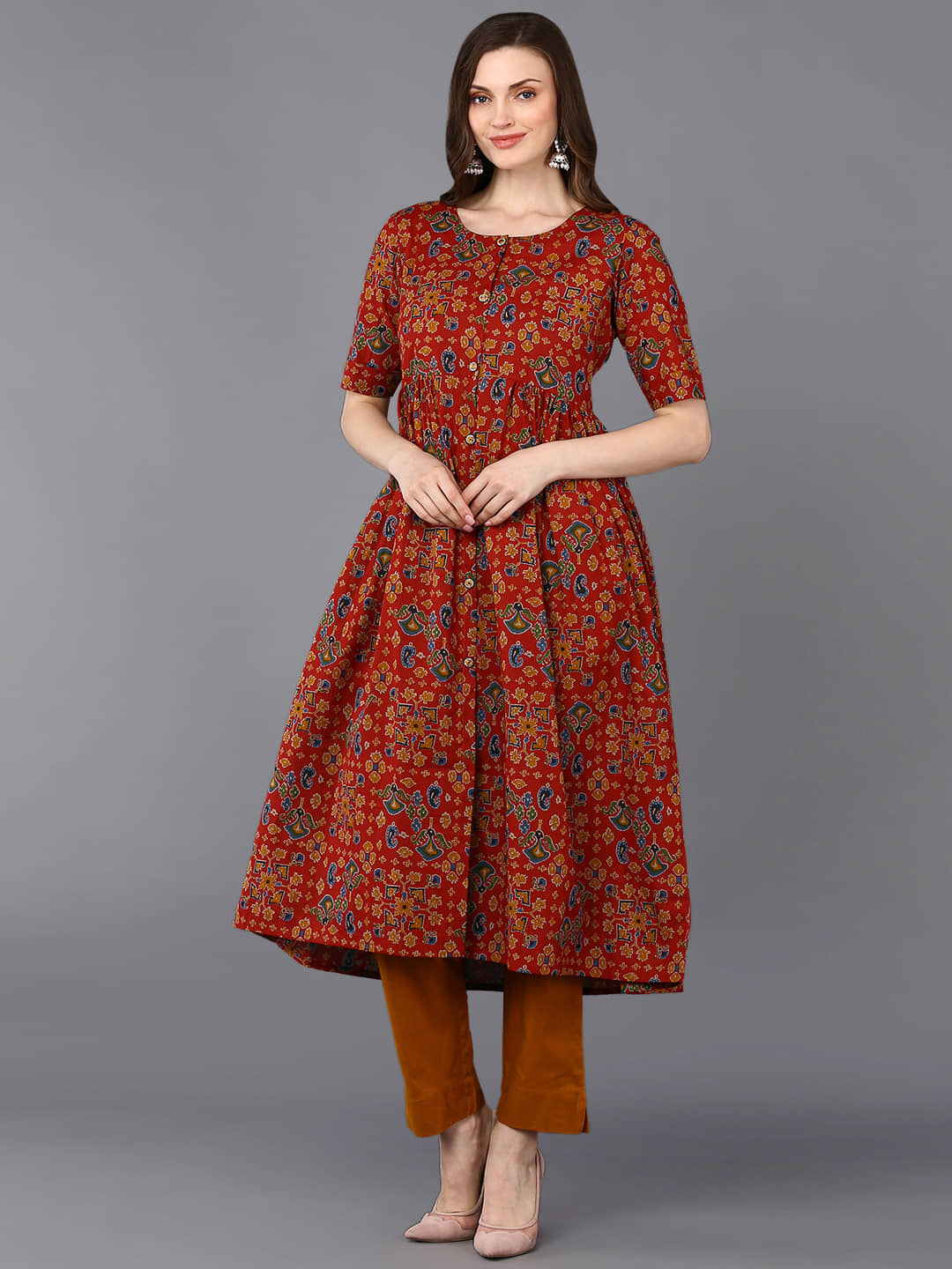 Vaamsi Cotton Printed Tiered Flared Women's Kurti - Red ( Pack of 1 ) - Kurtis, Tunics | Buy online on ZillyBuy