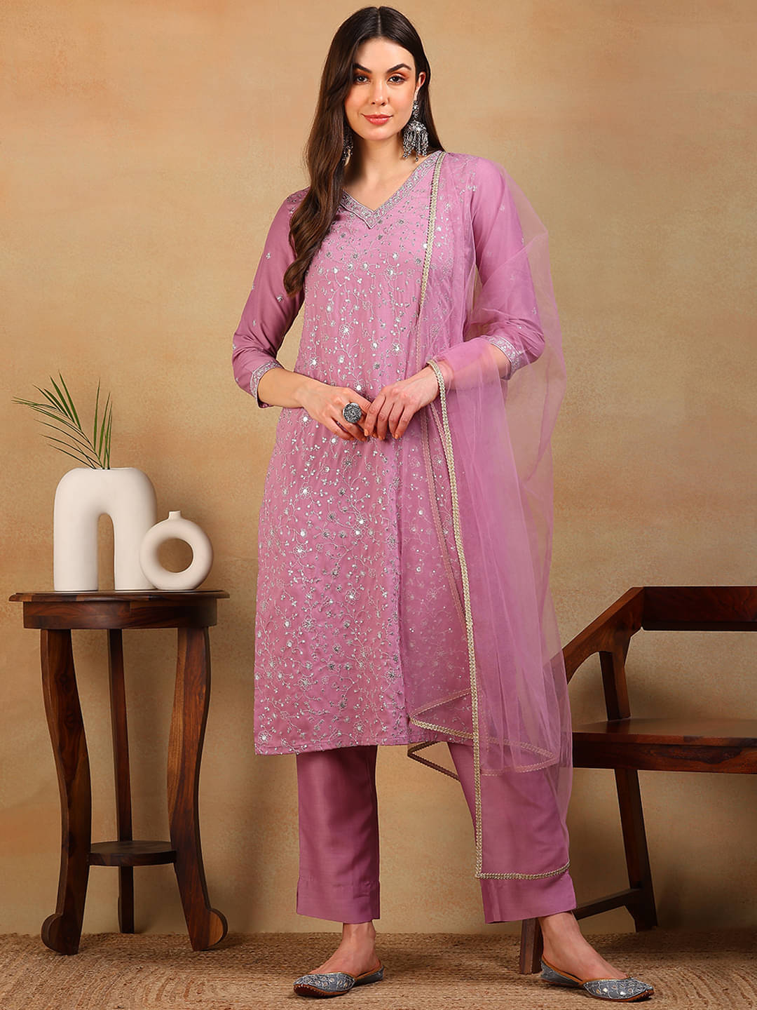 Vaamsi Silk Blend Embellished Kurti With Pants Women's Stitched Salwar Suit - Lavender ( Pack of 1 ) Vaamsi Silk Blend Embellished Kurti With Pants Women's Stitched Salwar Suit - Lavender ( Pack of 1 )