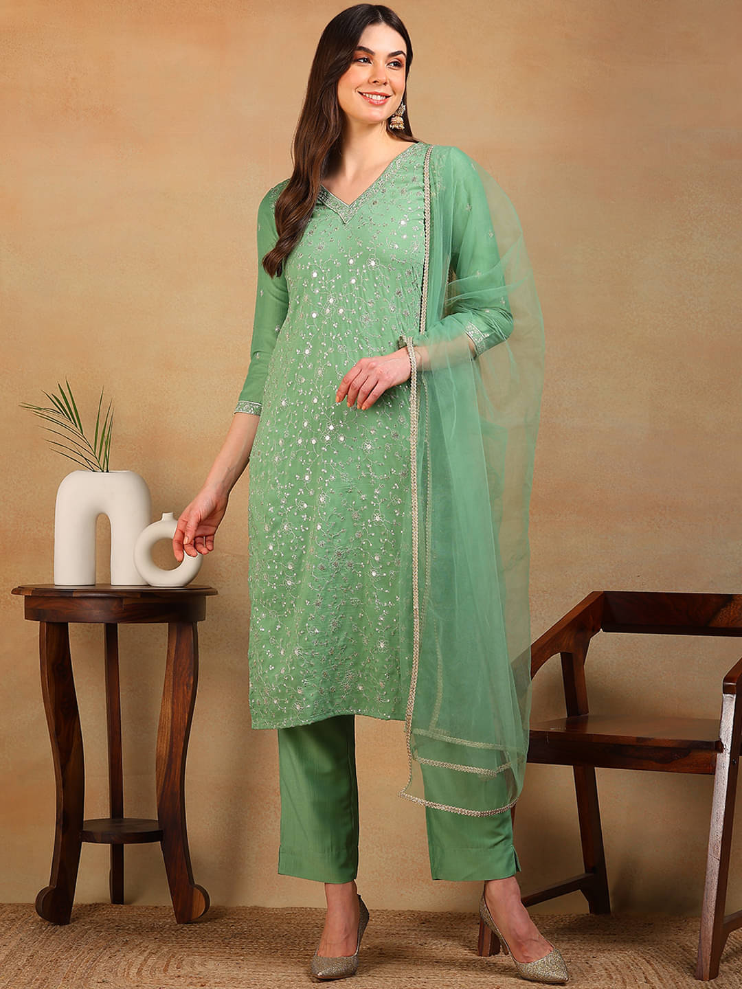 Vaamsi Silk Blend Embellished Kurti With Pants Women's Stitched Salwar Suit - Green ( Pack of 1 )     			Vaamsi Silk Blend Embellished Kurti With Pants Women's Stitched Salwar Suit - Green ( Pack of 1 )