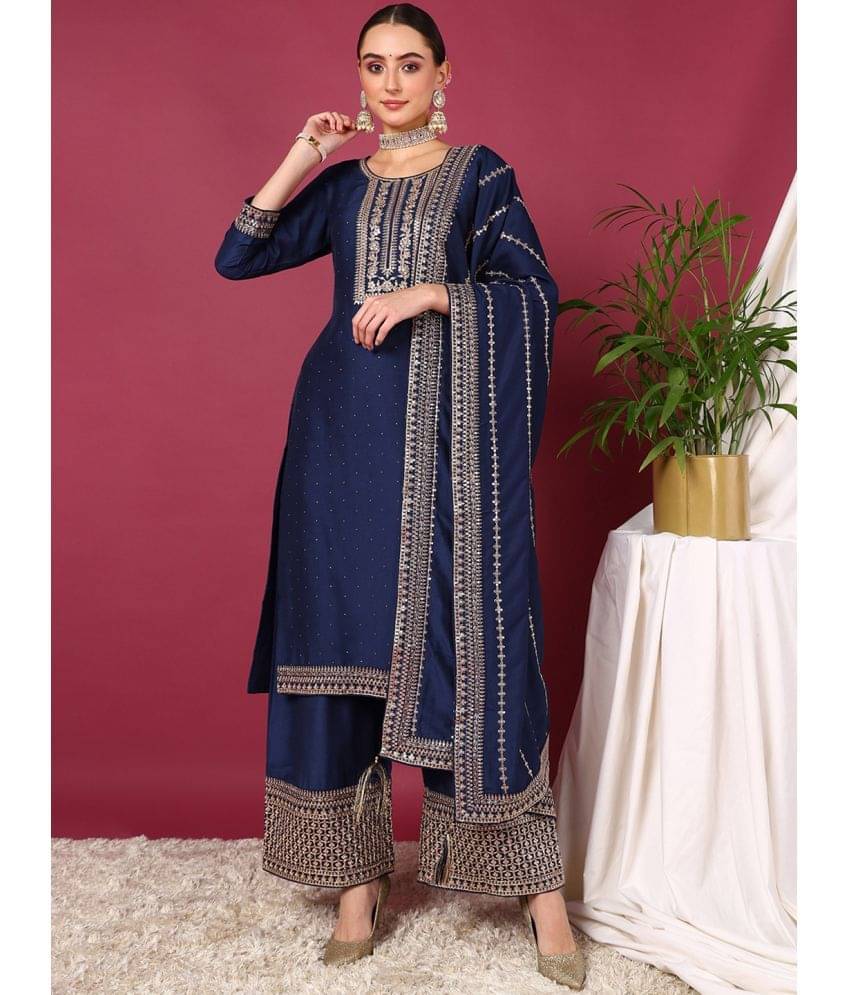 Vaamsi Silk Blend Embellished Kurti With Palazzo Women's Stitched Salwar Suit - Blue ( Pack of 1 ) Vaamsi Silk Blend Embellished Kurti With Palazzo Women's Stitched Salwar Suit - Blue ( Pack of 1 )