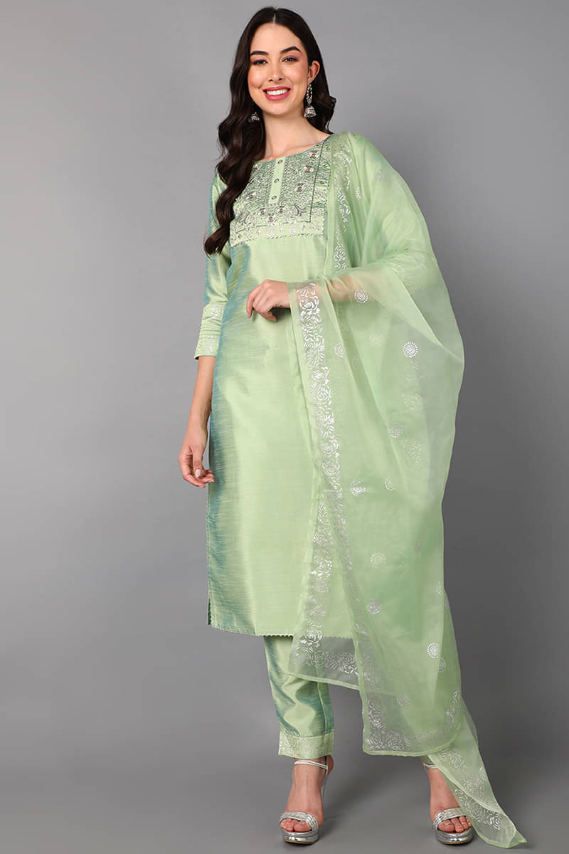     			Vaamsi Silk Blend Embroidered Kurti With Pants Women's Stitched Salwar Suit - Green ( Pack of 1 )