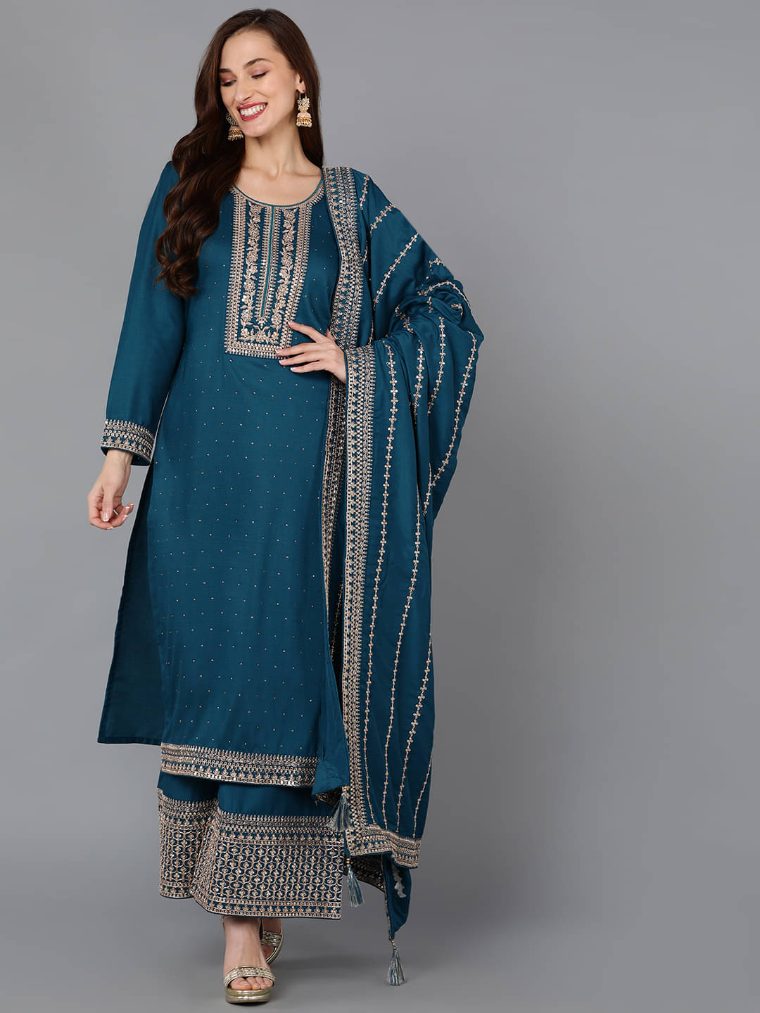 Vaamsi Silk Blend Embroidered Kurti With Palazzo Women's Stitched Salwar Suit - Teal ( Pack of 1 ) Vaamsi Silk Blend Embroidered Kurti With Palazzo Women's Stitched Salwar Suit - Teal ( Pack of 1 )