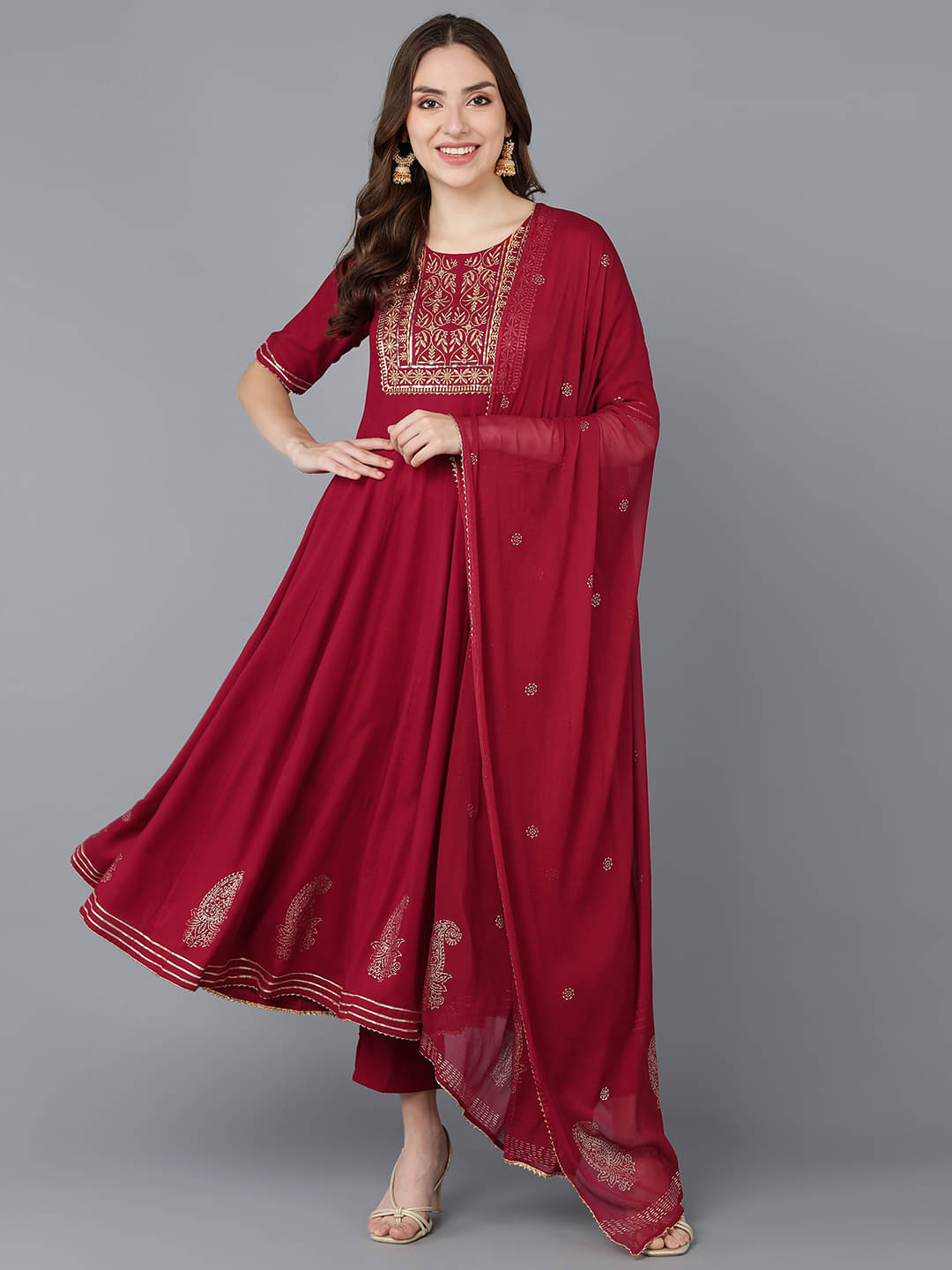 Vaamsi Silk Blend Embroidered Kurti With Pants Women's Stitched Salwar Suit - Maroon ( Pack of 1 ) Vaamsi Silk Blend Embroidered Kurti With Pants Women's Stitched Salwar Suit - Maroon ( Pack of 1 )