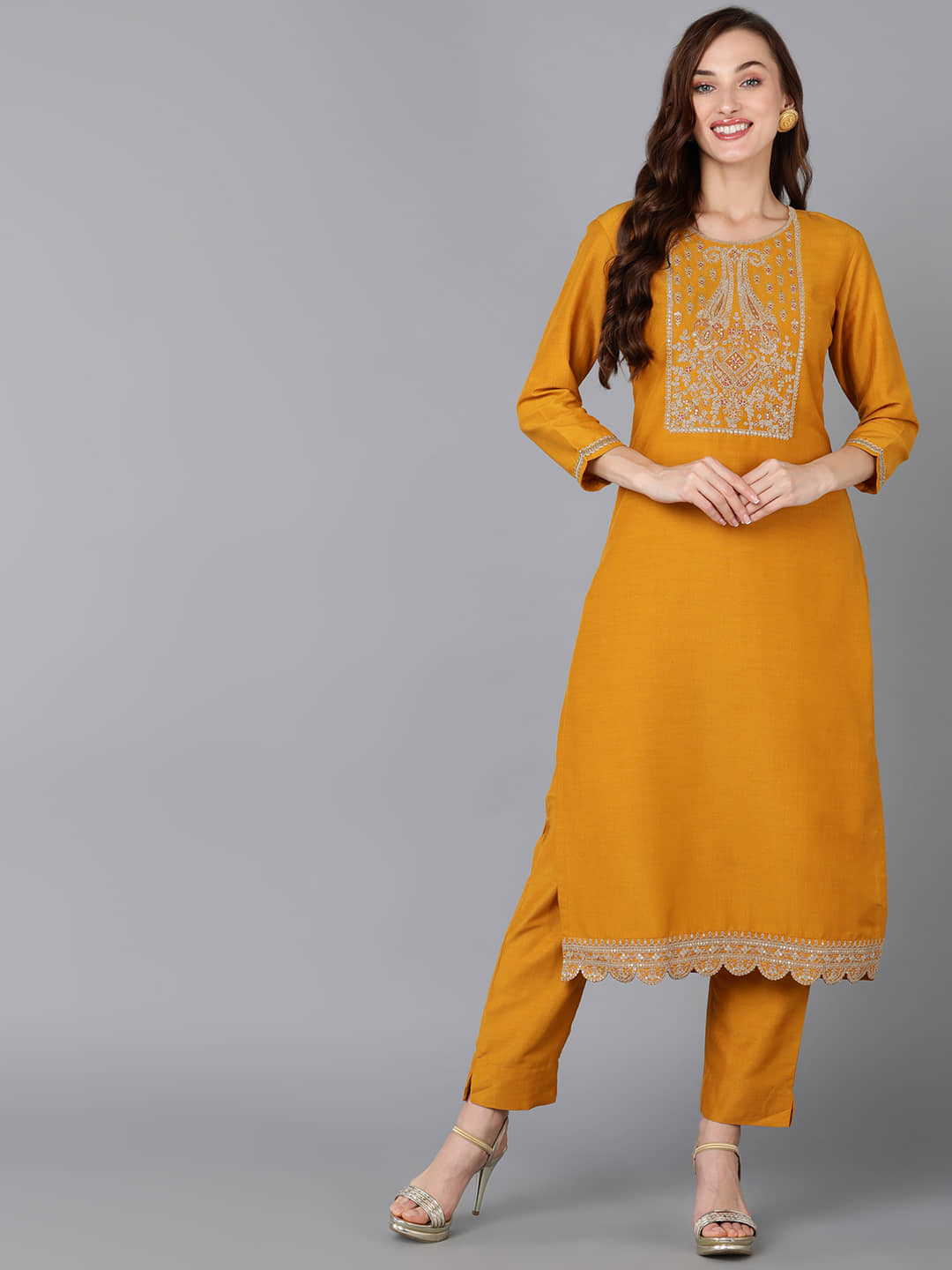 Vaamsi Silk Blend Embroidered Straight Women's Kurti - Mustard ( Pack of 1 ) - Kurtis, Tunics | Buy online on ZillyBuy
