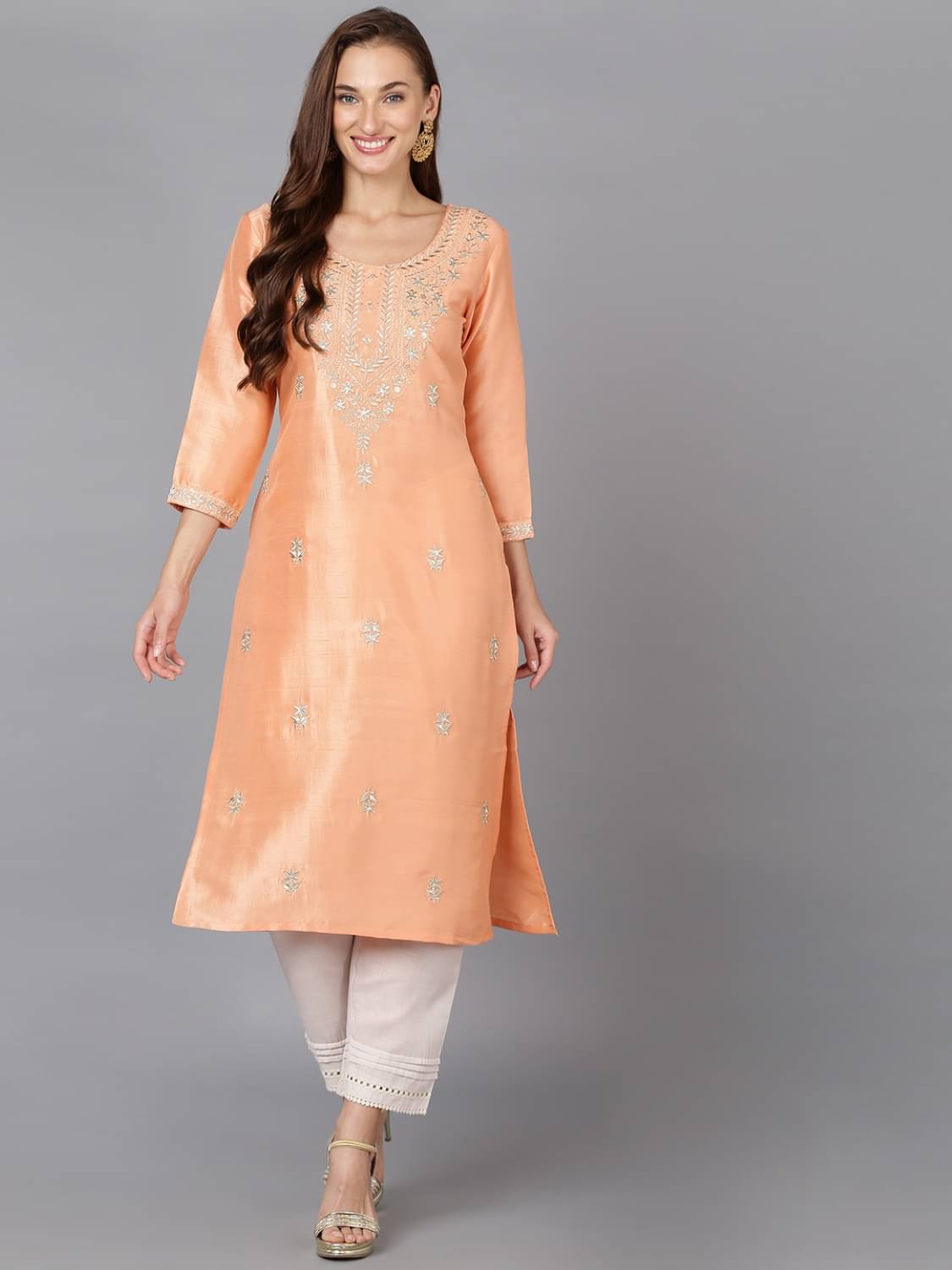 Vaamsi Silk Blend Embroidered Straight Women's Kurti - Peach ( Pack of 1 ) Vaamsi Silk Blend Embroidered Straight Women's Kurti - Peach ( Pack of 1 )