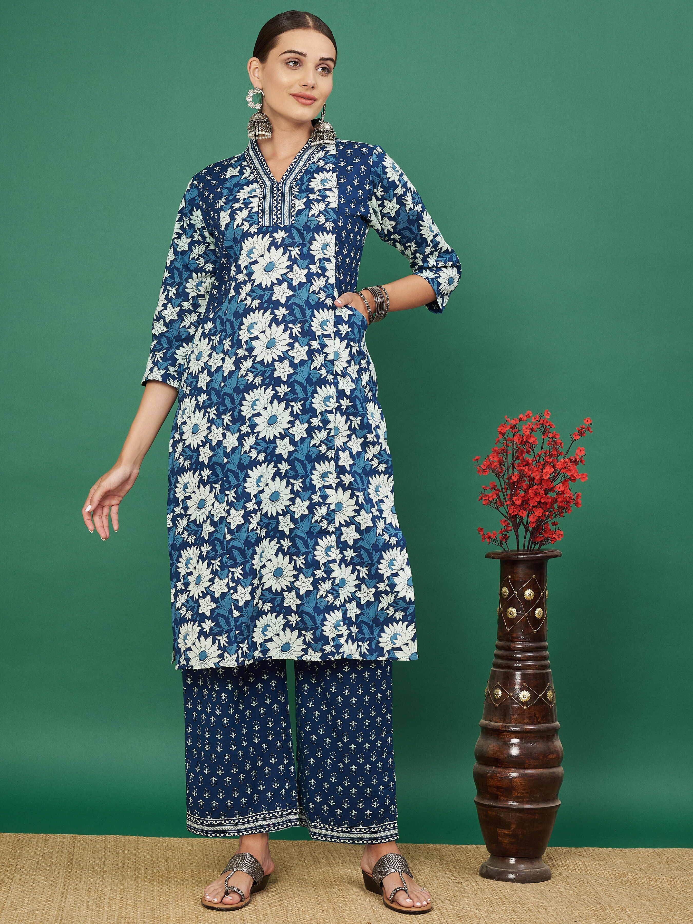 Vbuyz Cotton Printed Kurti With Pants Women's Stitched Salwar Suit - Blue ( Pack of 1 ) Vbuyz Cotton Printed Kurti With Pants Women's Stitched Salwar Suit - Blue ( Pack of 1 )