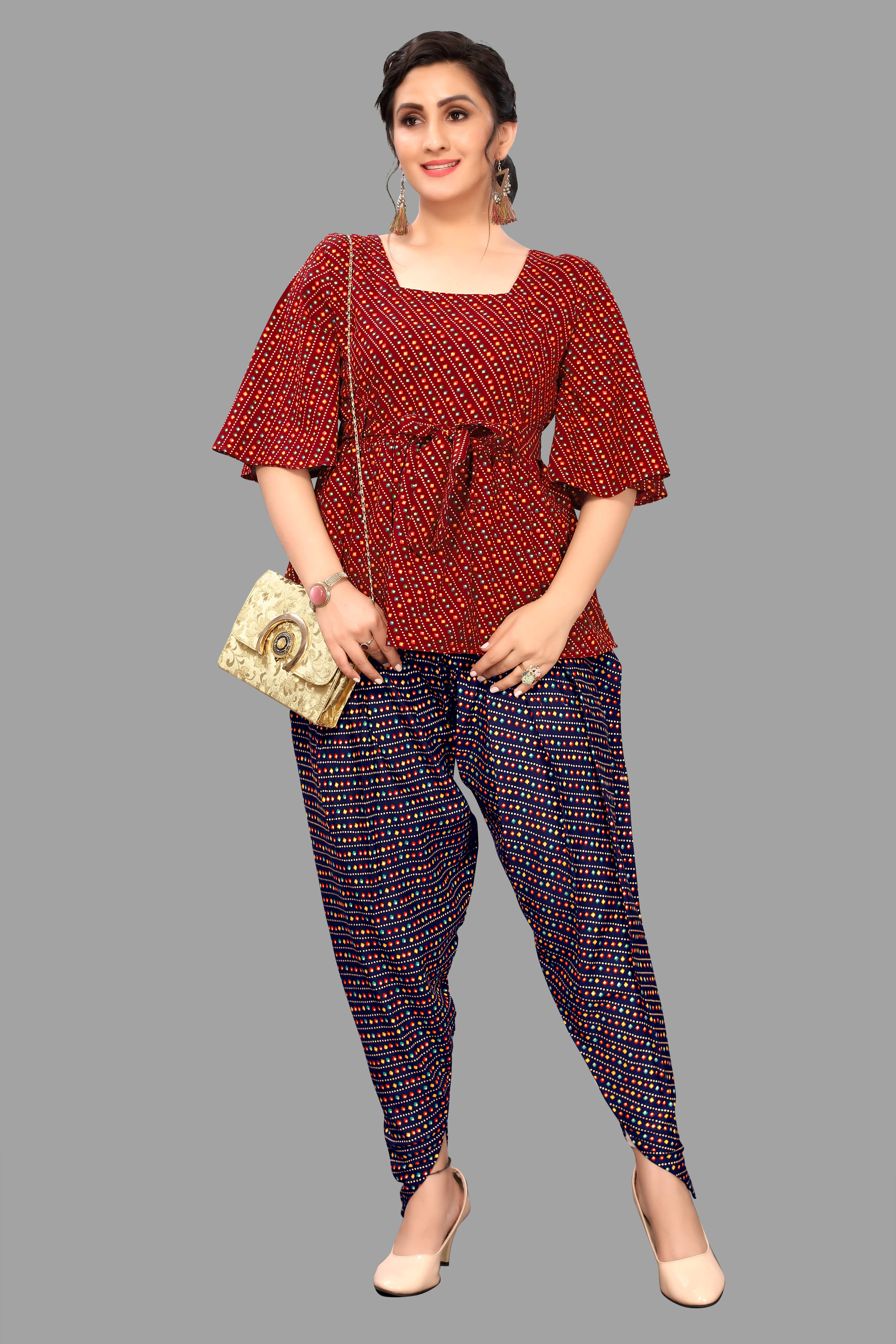 gufrina Rayon Printed Kurti With Dhoti Pants Women's Stitched Salwar Suit - Maroon ( Pack of 1 )