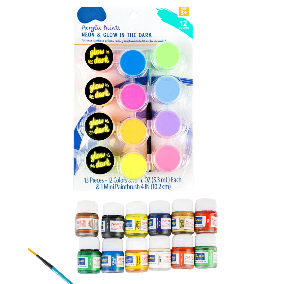     			Artiggle Acrylic Paints | 4 Paint Glow in The Dark, 8 Neon color,pack of 12-5.3ML each + 12 Shades Poster Colours | Rich & Vibrant Colors | Free Agigator & Brush Inside | 12 Vibrant Colors - Smooth Coverage and Blendability,10ml*12 Shades