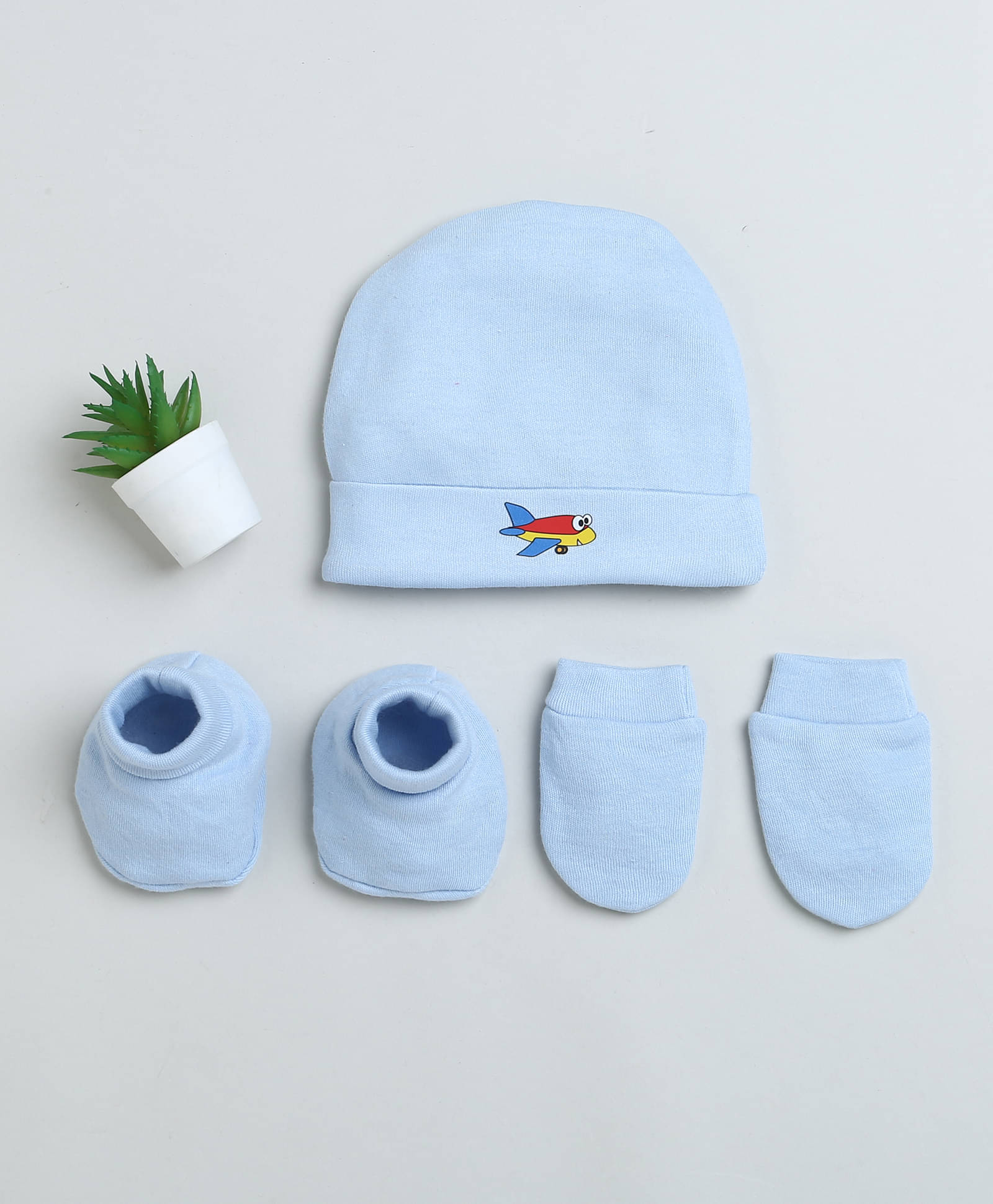     			BUMZEE Sky Blue Boys Cotton Cap Mitten Bootie Set Age - 0-3 Months