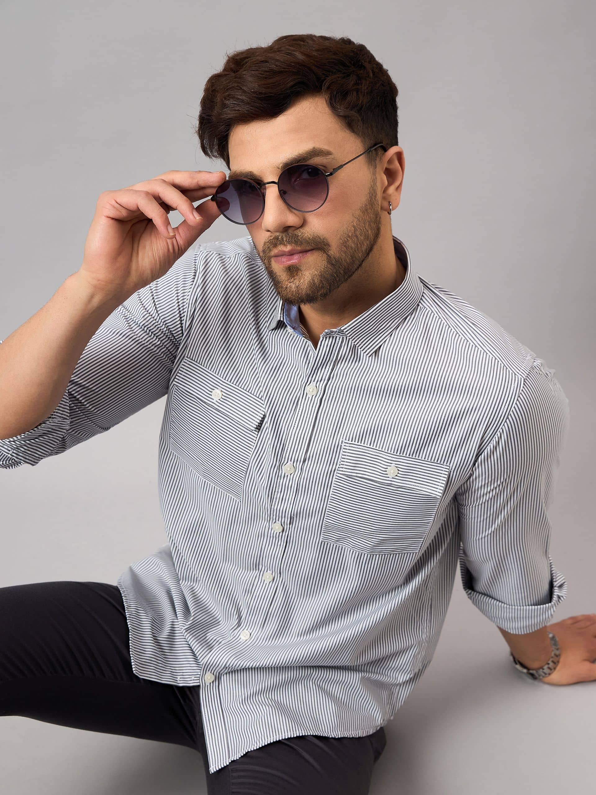 Club York Cotton Blend Regular Fit Striped Full Sleeves Men's Casual Shirt - Off White ( Pack of 1 )