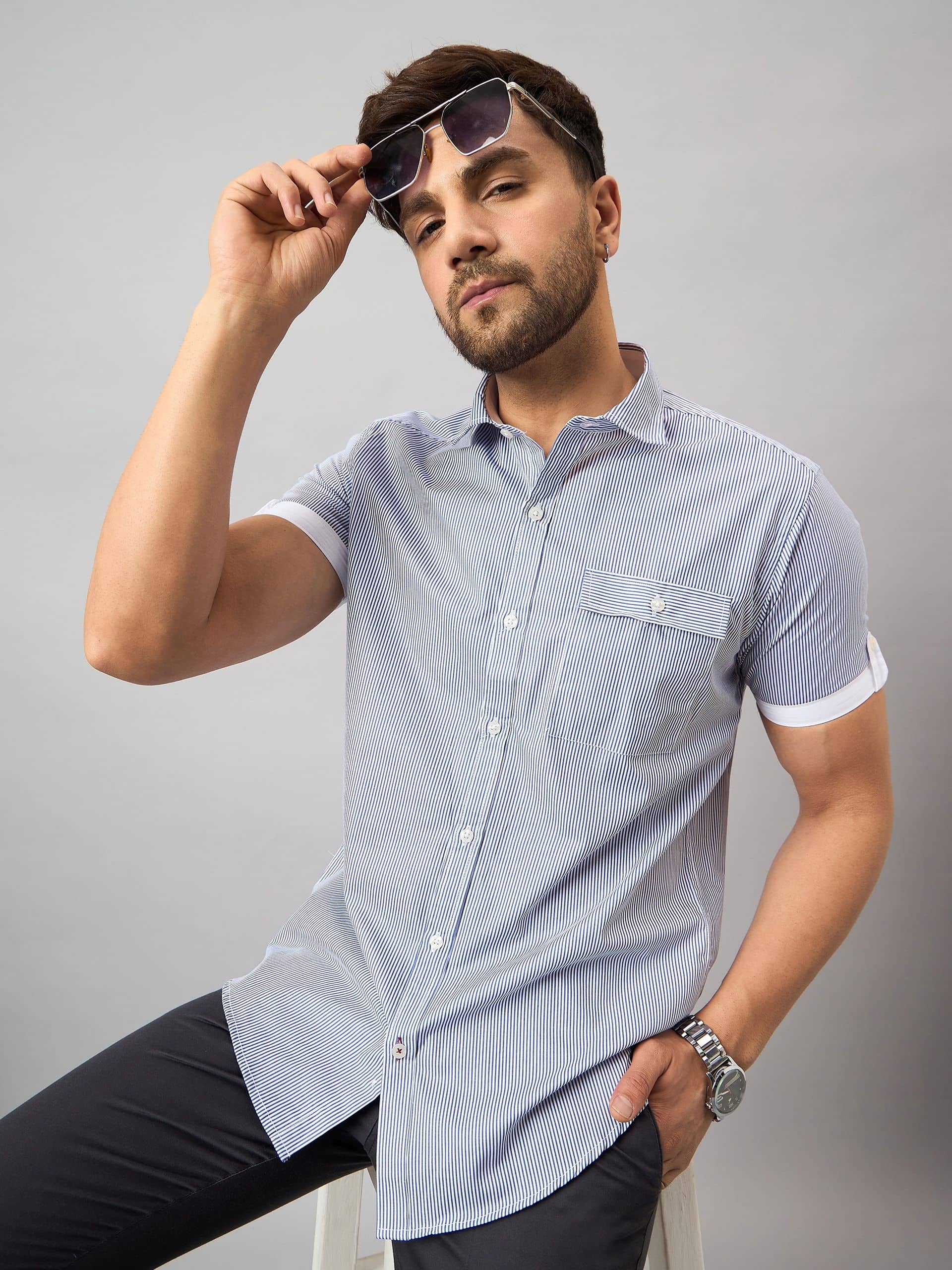 Club York Cotton Blend Regular Fit Striped Half Sleeves Men's Casual Shirt - Off White ( Pack of 1 )