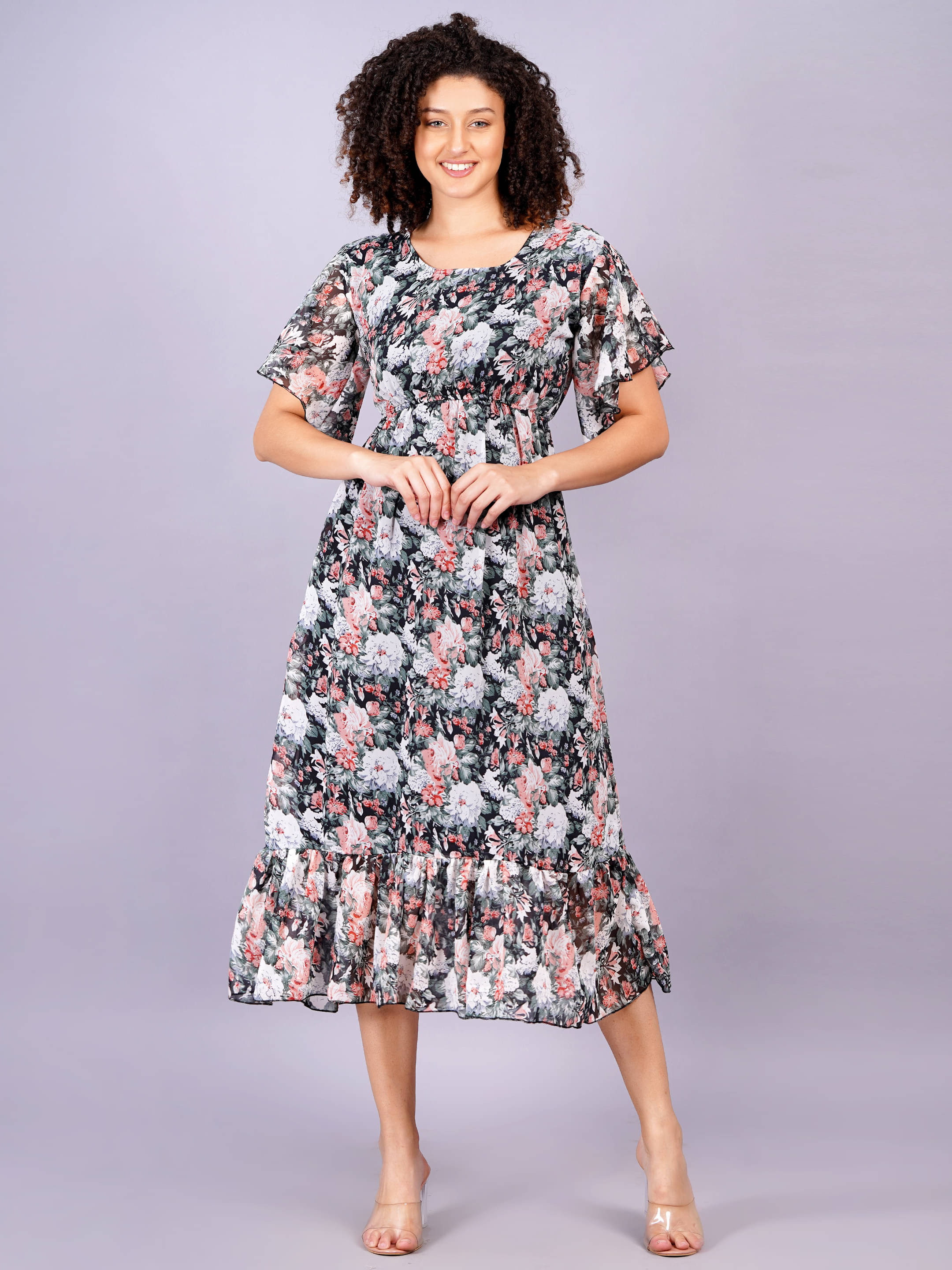     			HIGHLIGHT FASHION EXPORT Women Georgette Printed Fit & Flare Dress ( Black )